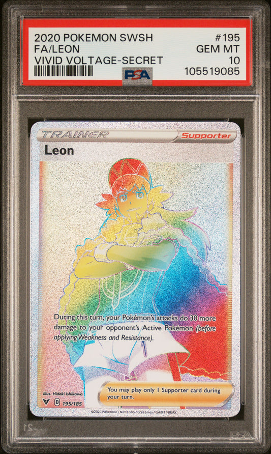 FA/LEON 195/185 Common POKEMON SWORD & SHIELD VIVID VOLTAGE VIVID VOLTAGE-SECRET PSA10 GEM MT 10 PSA population 511 <a href=https://www.psacard.com/cert/105519085/psa>https://www.psacard.com/cert/105519085/psa</a>