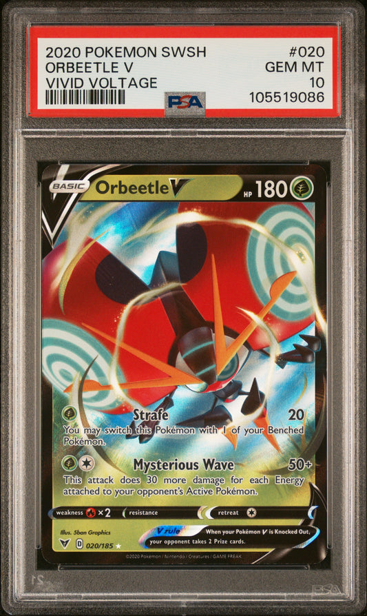 ORBEETLE V 20/185 Common POKEMON SWORD & SHIELD VIVID VOLTAGE VIVID VOLTAGE PSA10 GEM MT 10 PSA population 339 <a href=https://www.psacard.com/cert/105519086/psa>https://www.psacard.com/cert/105519086/psa</a>