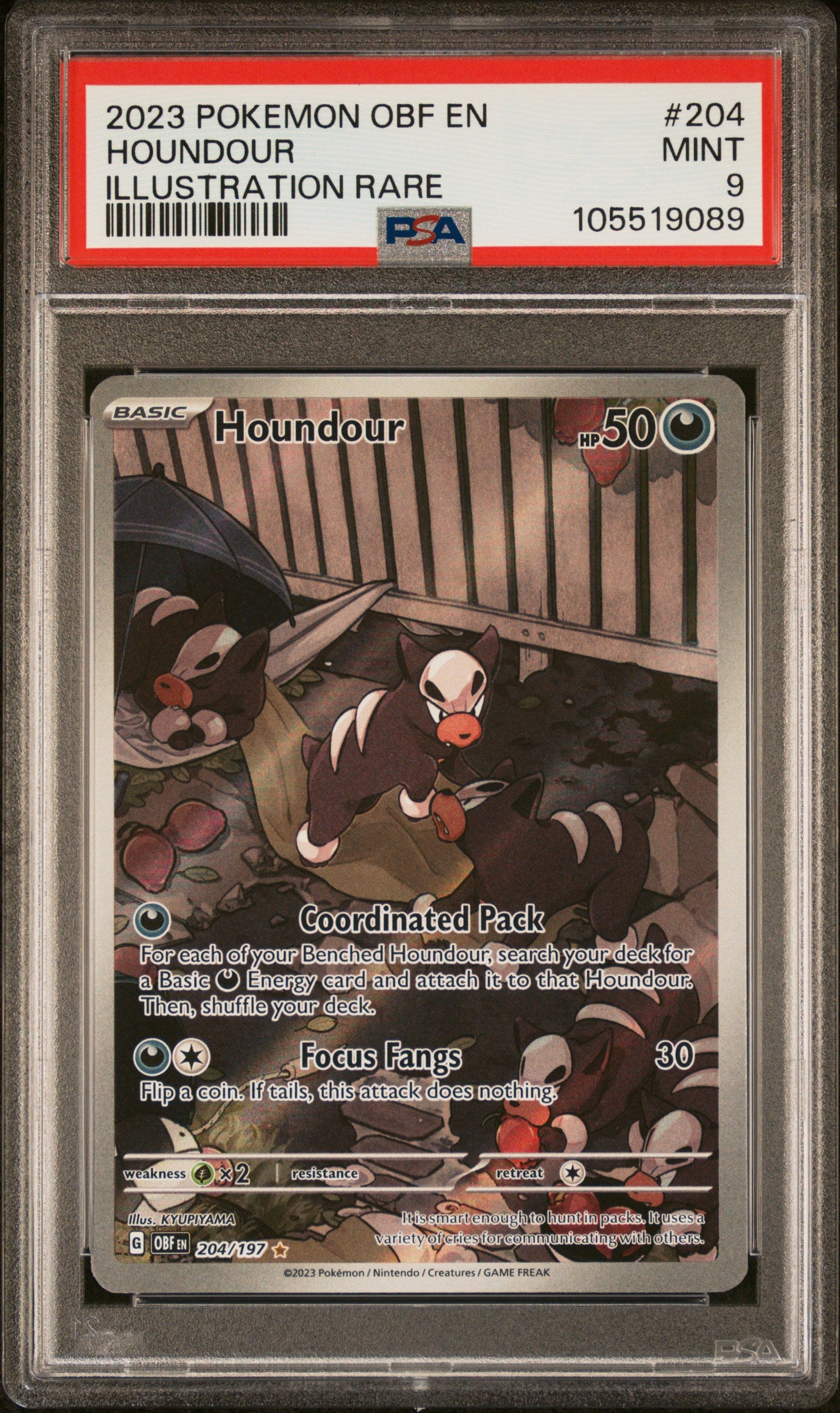 HOUNDOUR 204/197 Common POKEMON OBF EN-OBSIDIAN FLAMES ILLUSTRATION RARE PSA9 MINT 9 PSA population 2453 <a href=https://www.psacard.com/cert/105519089/psa>https://www.psacard.com/cert/105519089/psa</a>