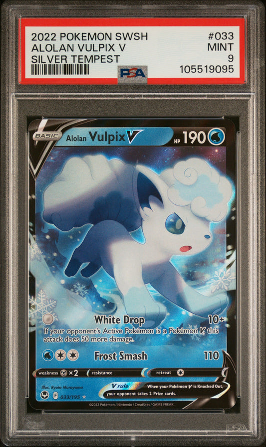 ALOLAN VULPIX V 33/195 Common POKEMON SWORD & SHIELD SILVER TEMPEST SILVER TEMPEST PSA9 MINT 9 PSA population 132 <a href=https://www.psacard.com/cert/105519095/psa>https://www.psacard.com/cert/105519095/psa</a>