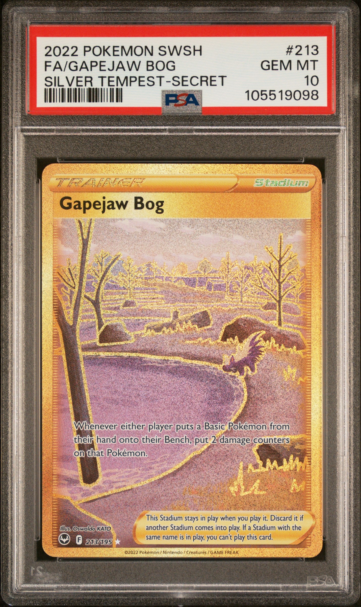 FA/GAPEJAW BOG 213/195 Common POKEMON SWORD & SHIELD SILVER TEMPEST SILVER TEMPEST-SECRET PSA10 GEM MT 10 PSA population 211 <a href=https://www.psacard.com/cert/105519098/psa>https://www.psacard.com/cert/105519098/psa</a>