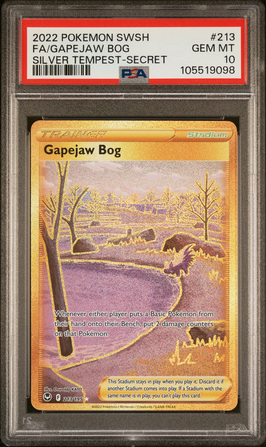 FA/GAPEJAW BOG 213/195 Common POKEMON SWORD & SHIELD SILVER TEMPEST SILVER TEMPEST-SECRET PSA10 GEM MT 10 PSA population 211 <a href=https://www.psacard.com/cert/105519098/psa>https://www.psacard.com/cert/105519098/psa</a>