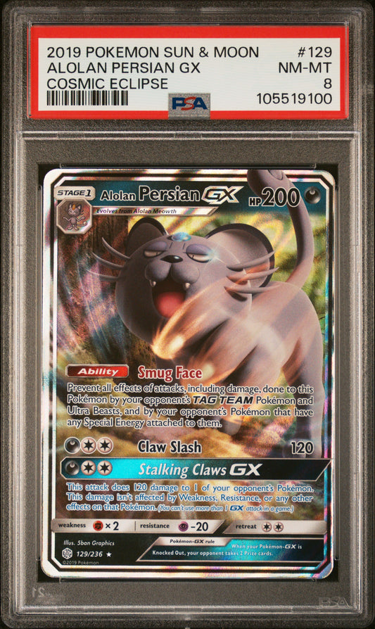 ALOLAN PERSIAN GX 129/236 Common POKEMON SUN & MOON COSMIC ECLIPSE COSMIC ECLIPSE PSA8 NM-MT 8 PSA population 22 <a href=https://www.psacard.com/cert/105519100/psa>https://www.psacard.com/cert/105519100/psa</a>