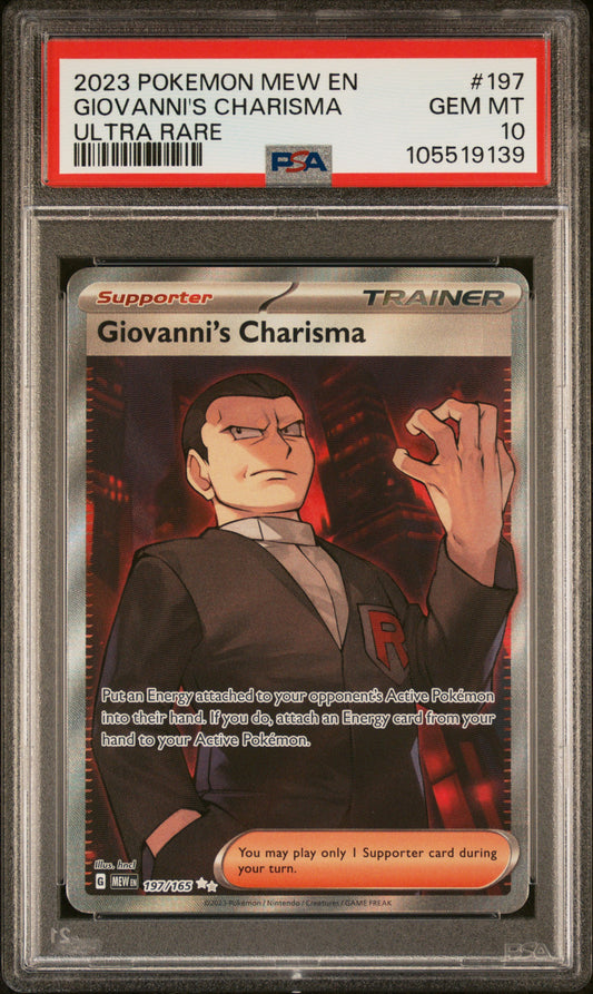GIOVANNI'S CHARISMA 197/165 Common POKEMON MEW EN-151 ULTRA RARE PSA10 GEM MT 10 PSA population 570 <a href=https://www.psacard.com/cert/105519139/psa>https://www.psacard.com/cert/105519139/psa</a>