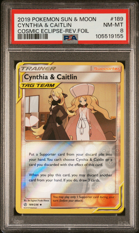 CYNTHIA & CAITLIN 189/236 [Reverse Holo] POKEMON SUN & MOON COSMIC ECLIPSE COSMIC ECLIPSE-REV.FOIL PSA8 NM-MT 8 PSA population 6 <a href=https://www.psacard.com/cert/105519155/psa>https://www.psacard.com/cert/105519155/psa</a>