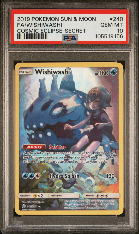 FA/WISHIWASHI 240/236 Common POKEMON SUN & MOON COSMIC ECLIPSE COSMIC ECLIPSE-SECRET PSA10 GEM MT 10 PSA population 416 <a href=https://www.psacard.com/cert/105519156/psa>https://www.psacard.com/cert/105519156/psa</a>