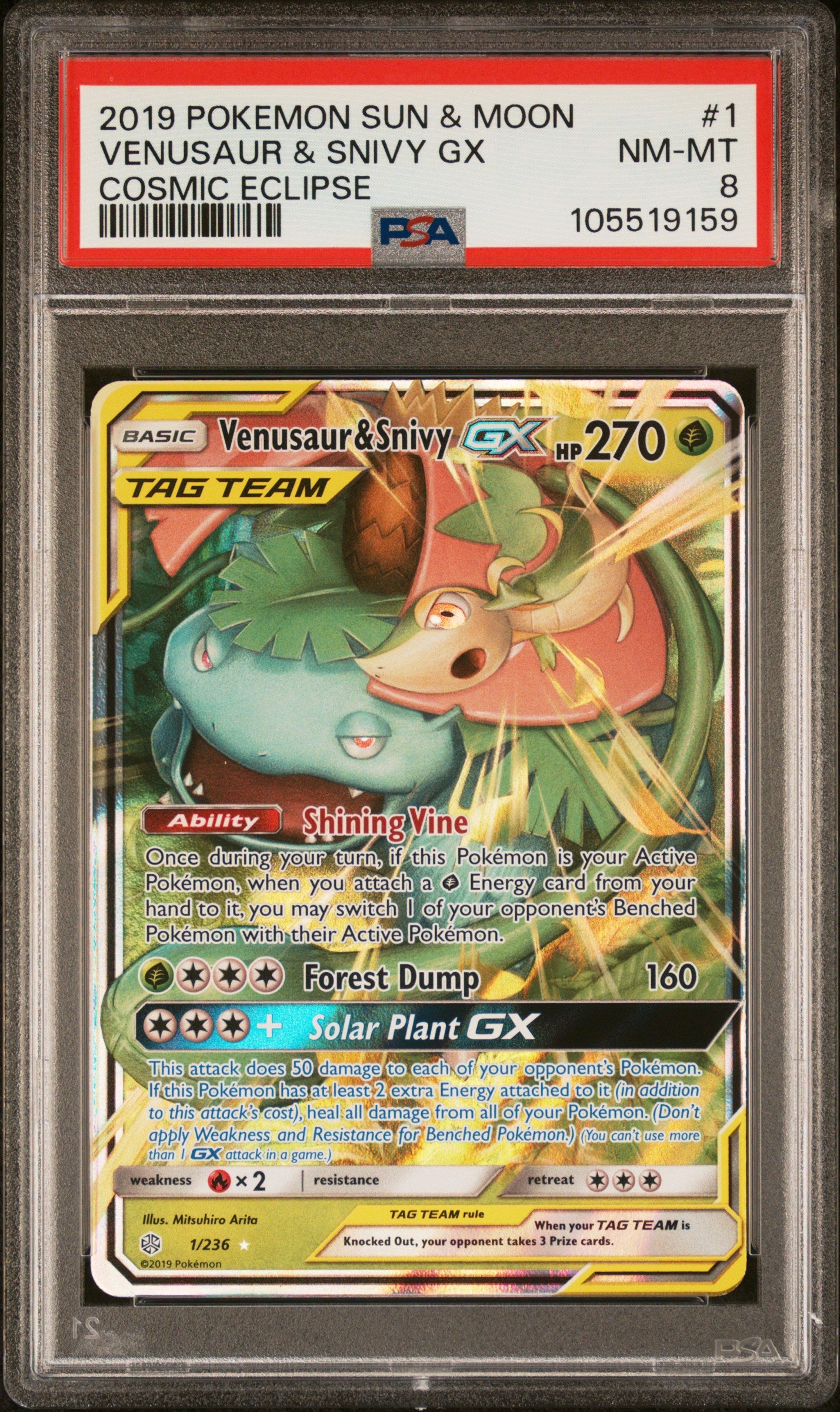 VENUSAUR & SNIVY GX 1/236 Common POKEMON SUN & MOON COSMIC ECLIPSE COSMIC ECLIPSE PSA8 NM-MT 8 PSA population 265 <a href=https://www.psacard.com/cert/105519159/psa>https://www.psacard.com/cert/105519159/psa</a>