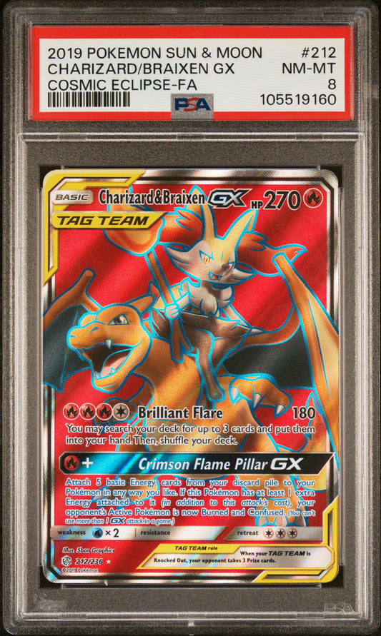 CHARIZARD/BRAIXEN GX 212/236 Common POKEMON SUN & MOON COSMIC ECLIPSE COSMIC ECLIPSE-FA PSA8 NM-MT 8 PSA population 284 <a href=https://www.psacard.com/cert/105519160/psa>https://www.psacard.com/cert/105519160/psa</a>