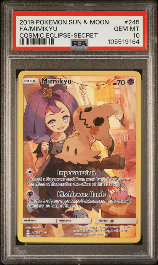 FA/MIMIKYU 245/236 Common POKEMON SUN & MOON COSMIC ECLIPSE COSMIC ECLIPSE-SECRET PSA10 GEM MT 10 PSA population 971 <a href=https://www.psacard.com/cert/105519164/psa>https://www.psacard.com/cert/105519164/psa</a>