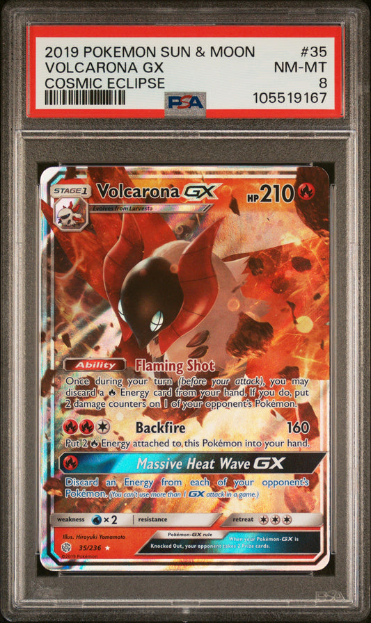 VOLCARONA GX 35/236 Common POKEMON SUN & MOON COSMIC ECLIPSE COSMIC ECLIPSE PSA8 NM-MT 8 PSA population 24 <a href=https://www.psacard.com/cert/105519167/psa>https://www.psacard.com/cert/105519167/psa</a>