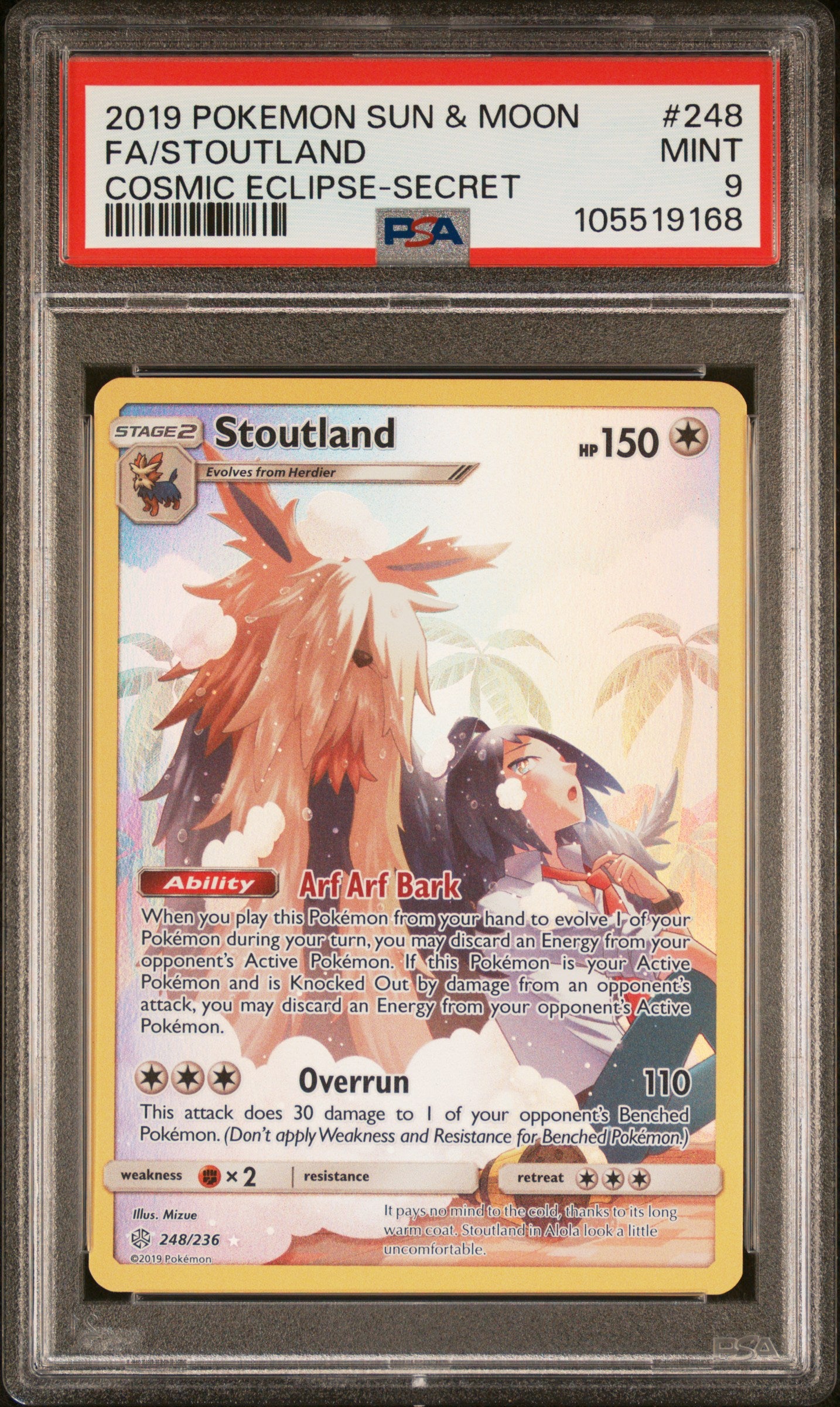 FA/STOUTLAND 248/236 Common POKEMON SUN & MOON COSMIC ECLIPSE COSMIC ECLIPSE-SECRET PSA9 MINT 9 PSA population 655 <a href=https://www.psacard.com/cert/105519168/psa>https://www.psacard.com/cert/105519168/psa</a>