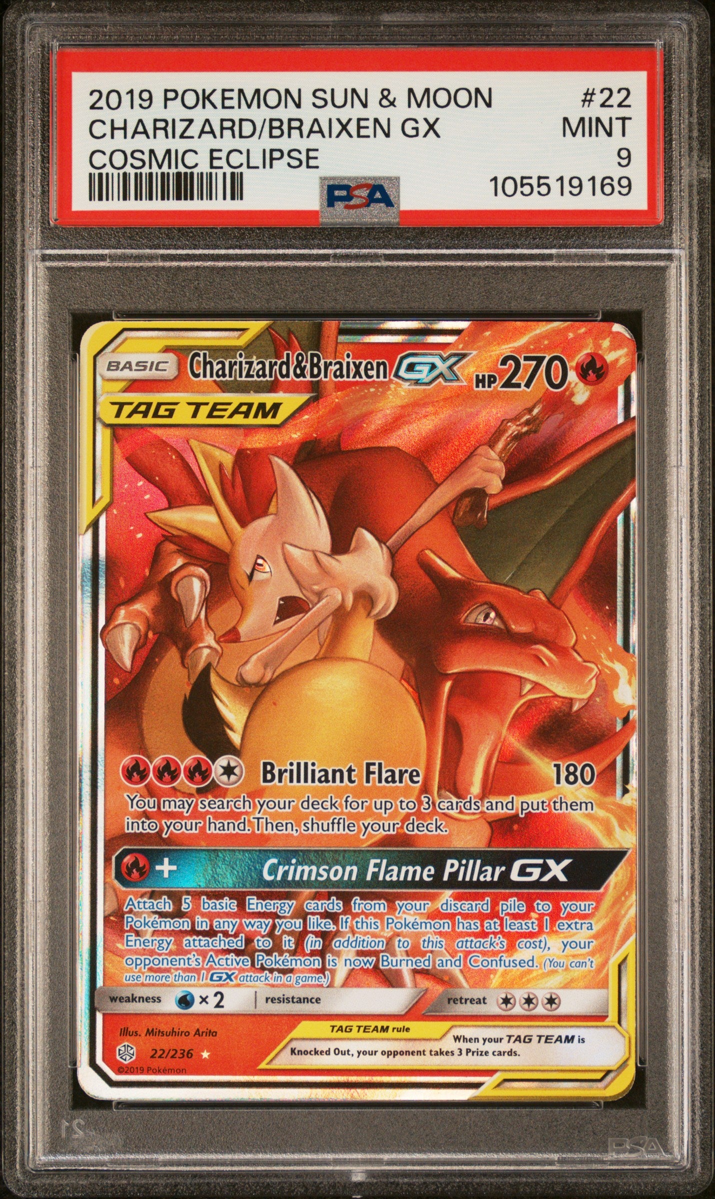 CHARIZARD/BRAIXEN GX 22/236 Common POKEMON SUN & MOON COSMIC ECLIPSE COSMIC ECLIPSE PSA9 MINT 9 PSA population 2998 <a href=https://www.psacard.com/cert/105519169/psa>https://www.psacard.com/cert/105519169/psa</a>