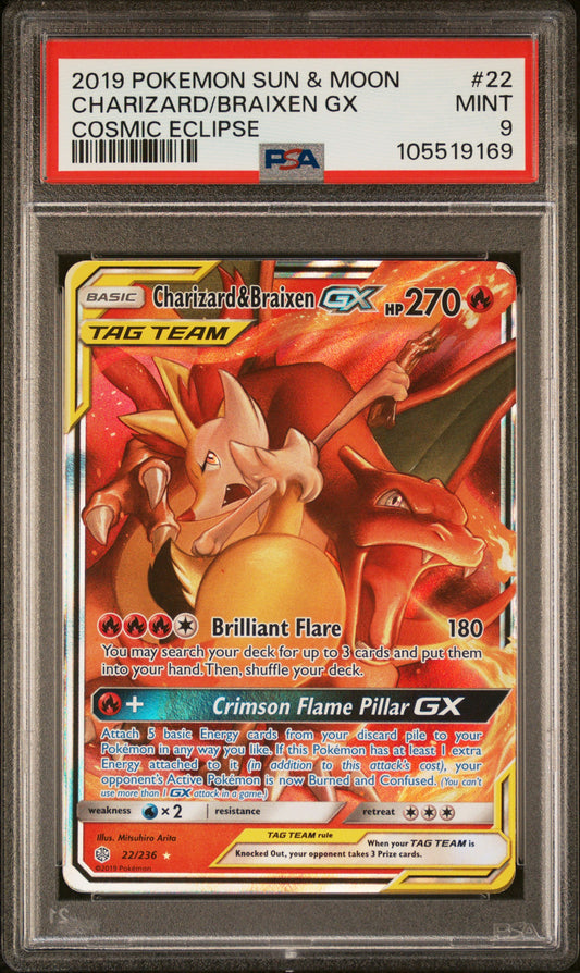 CHARIZARD/BRAIXEN GX 22/236 Common POKEMON SUN & MOON COSMIC ECLIPSE COSMIC ECLIPSE PSA9 MINT 9 PSA population 2998 <a href=https://www.psacard.com/cert/105519169/psa>https://www.psacard.com/cert/105519169/psa</a>