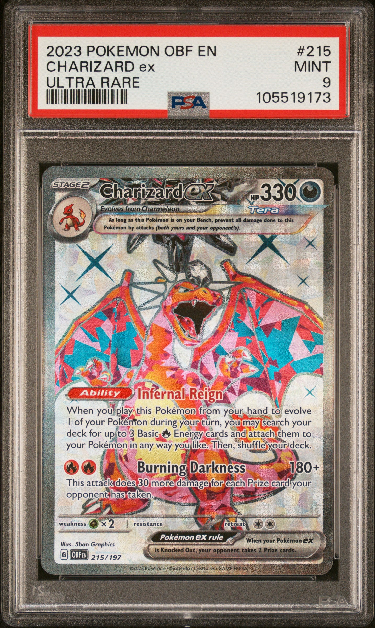 CHARIZARD EX 215/197 Common POKEMON OBF EN-OBSIDIAN FLAMES ULTRA RARE PSA9 MINT 9 PSA population 6756 <a href=https://www.psacard.com/cert/105519173/psa>https://www.psacard.com/cert/105519173/psa</a>