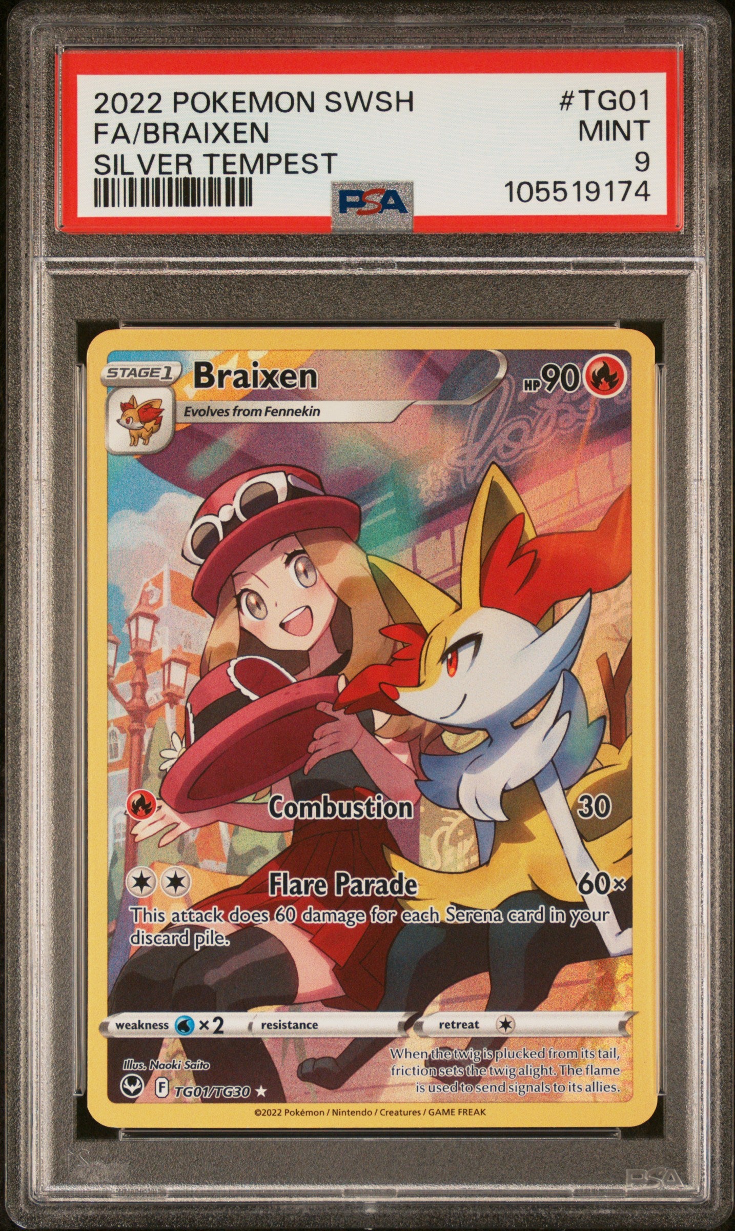 FA/BRAIXEN TG01/TG30 Common POKEMON SWORD & SHIELD SILVER TEMPEST SILVER TEMPEST PSA9 MINT 9 PSA population 783 <a href=https://www.psacard.com/cert/105519174/psa>https://www.psacard.com/cert/105519174/psa</a>