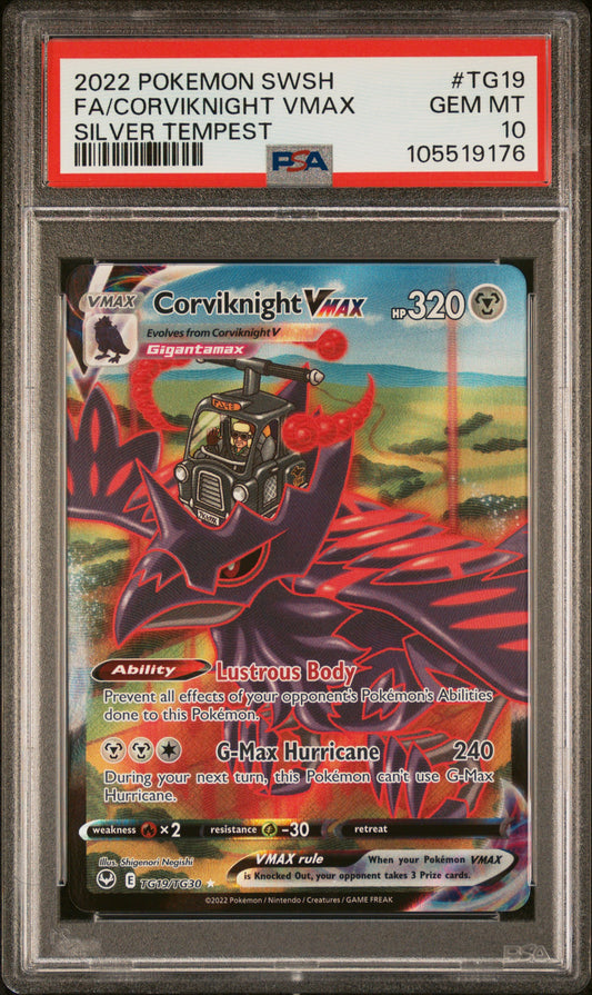 FA/CORVIKNIGHT VMAX TG19/TG30 Common POKEMON SWORD & SHIELD SILVER TEMPEST SILVER TEMPEST PSA10 GEM MT 10 PSA population 939 <a href=https://www.psacard.com/cert/105519176/psa>https://www.psacard.com/cert/105519176/psa</a>