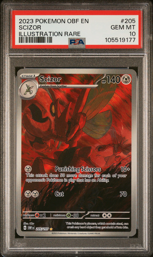 SCIZOR 205/197 Common POKEMON OBF EN-OBSIDIAN FLAMES ILLUSTRATION RARE PSA10 GEM MT 10 PSA population 1174 <a href=https://www.psacard.com/cert/105519177/psa>https://www.psacard.com/cert/105519177/psa</a>