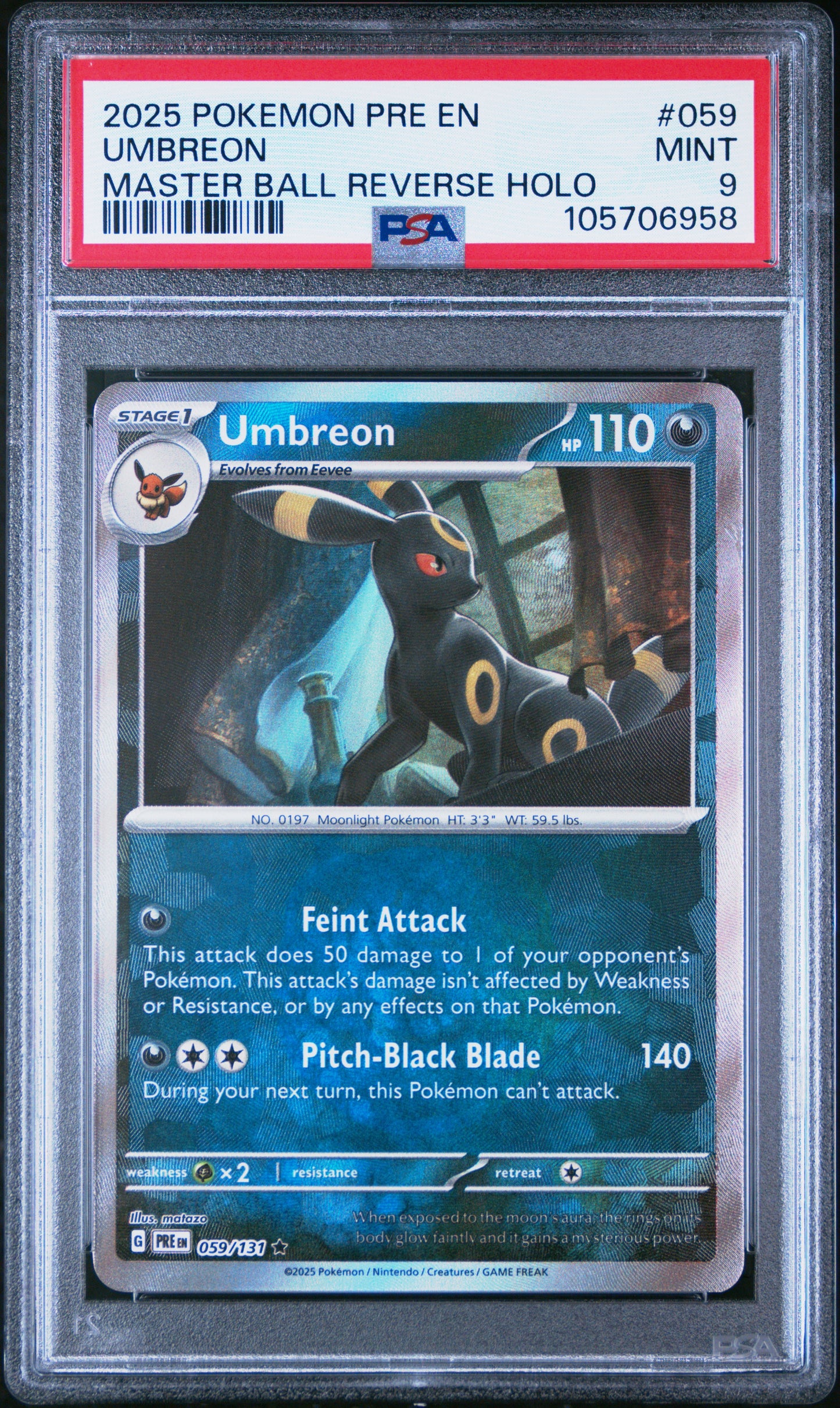 UMBREON 59/131 [Master Ball]  POKEMON PRE EN-PRISMATIC EVOLUTIONS MASTER BALL REVERSE HOLO PSA9 MINT 9 PSA population 1712 <a href=https://www.psacard.com/cert/105706958/psa>https://www.psacard.com/cert/105706958/psa</a>