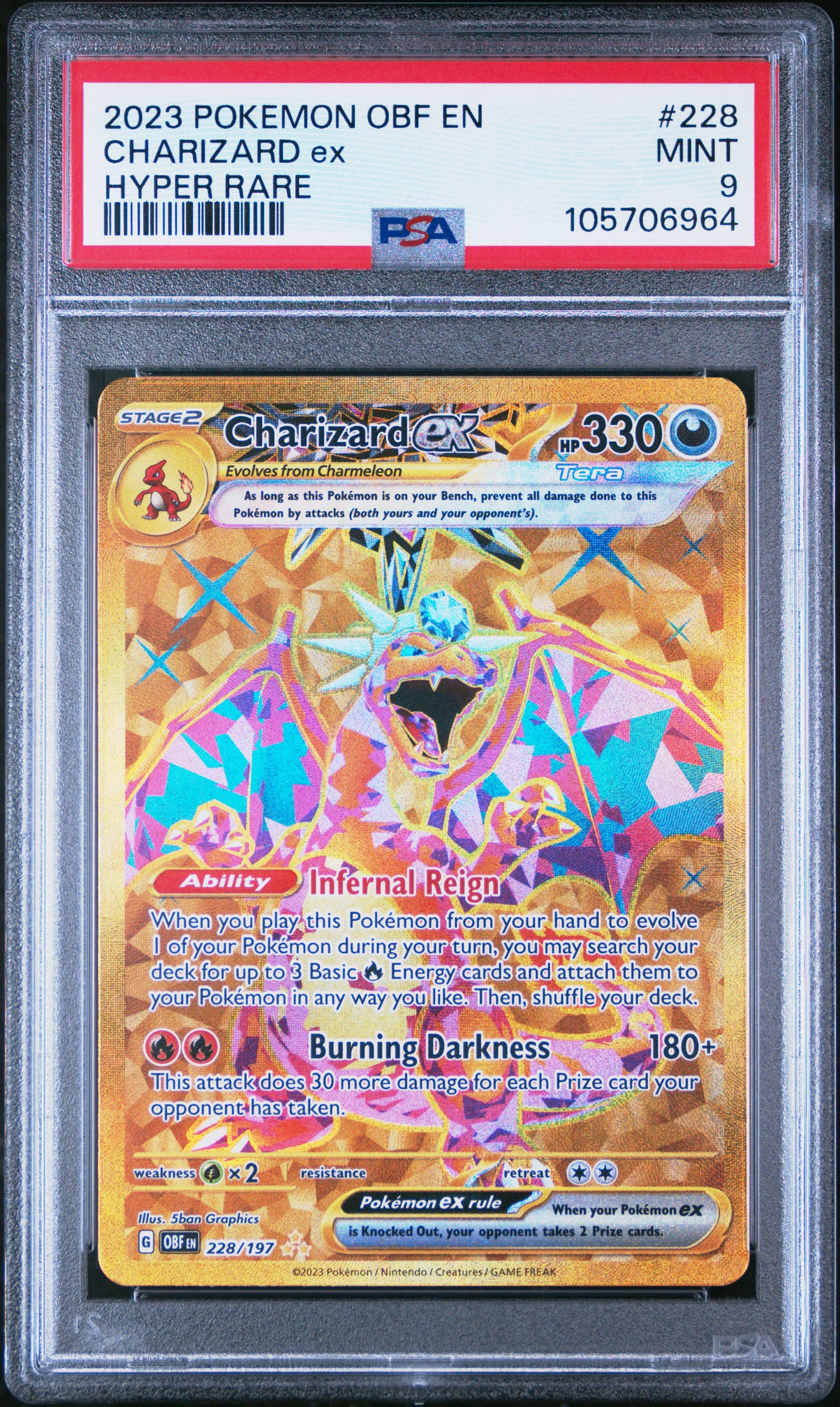 CHARIZARD EX 228/197 Common POKEMON OBF EN-OBSIDIAN FLAMES HYPER RARE PSA9 MINT 9 PSA population 13448 <a href=https://www.psacard.com/cert/105706964/psa>https://www.psacard.com/cert/105706964/psa</a>