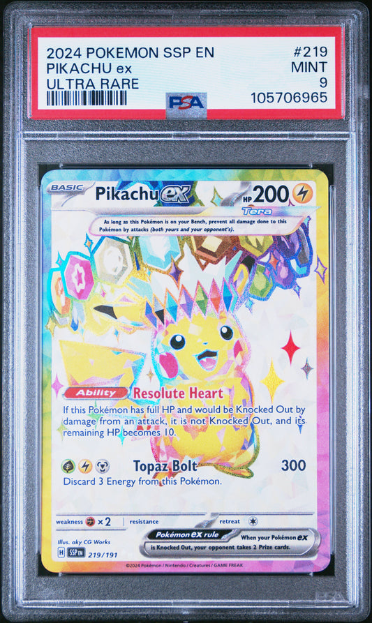 PIKACHU EX 219/191 Common POKEMON SSP EN-SURGING SPARKS ULTRA RARE PSA9 MINT 9 PSA population 7765 <a href=https://www.psacard.com/cert/105706965/psa>https://www.psacard.com/cert/105706965/psa</a>