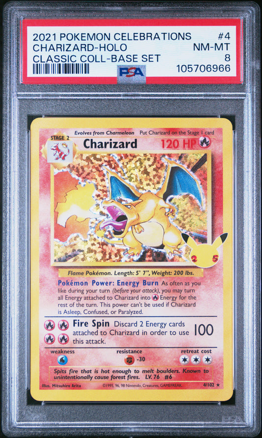 CHARIZARD-HOLO 4/102 Common POKEMON CELEBRATIONS CLASSIC COLLECTION CLASSIC COLL-BASE SET PSA8 NM-MT 8 PSA population 1445 <a href=https://www.psacard.com/cert/105706966/psa>https://www.psacard.com/cert/105706966/psa</a>