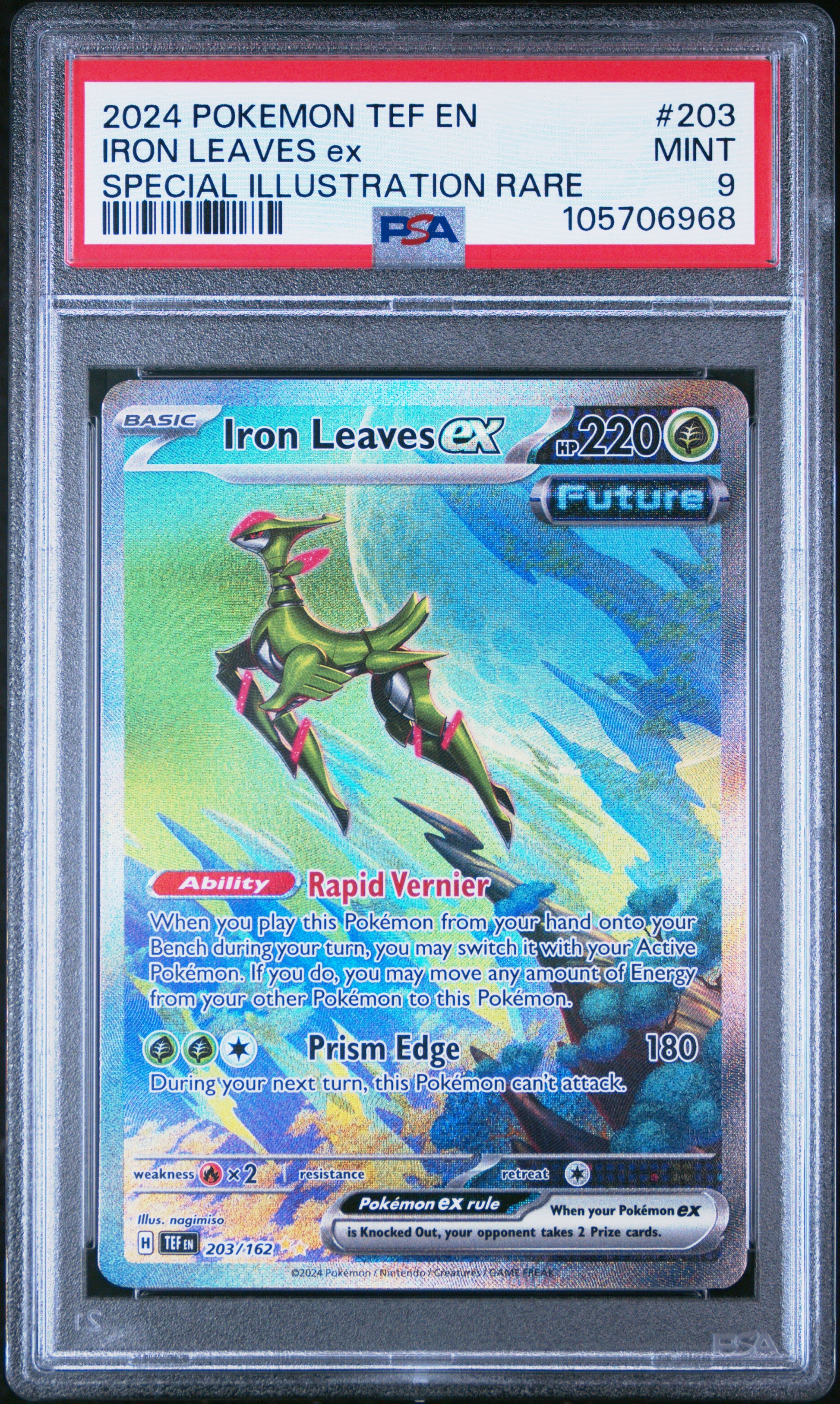 IRON LEAVES EX 203/162 Common POKEMON TEF EN-TEMPORAL FORCES SPECIAL ILLUSTRATION RARE PSA9 MINT 9 PSA population 1565 <a href=https://www.psacard.com/cert/105706968/psa>https://www.psacard.com/cert/105706968/psa</a>