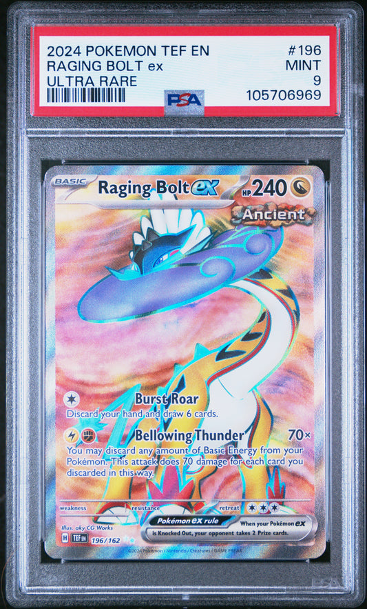 RAGING BOLT EX 196/162 Common POKEMON TEF EN-TEMPORAL FORCES ULTRA RARE PSA9 MINT 9 PSA population 316 <a href=https://www.psacard.com/cert/105706969/psa>https://www.psacard.com/cert/105706969/psa</a>