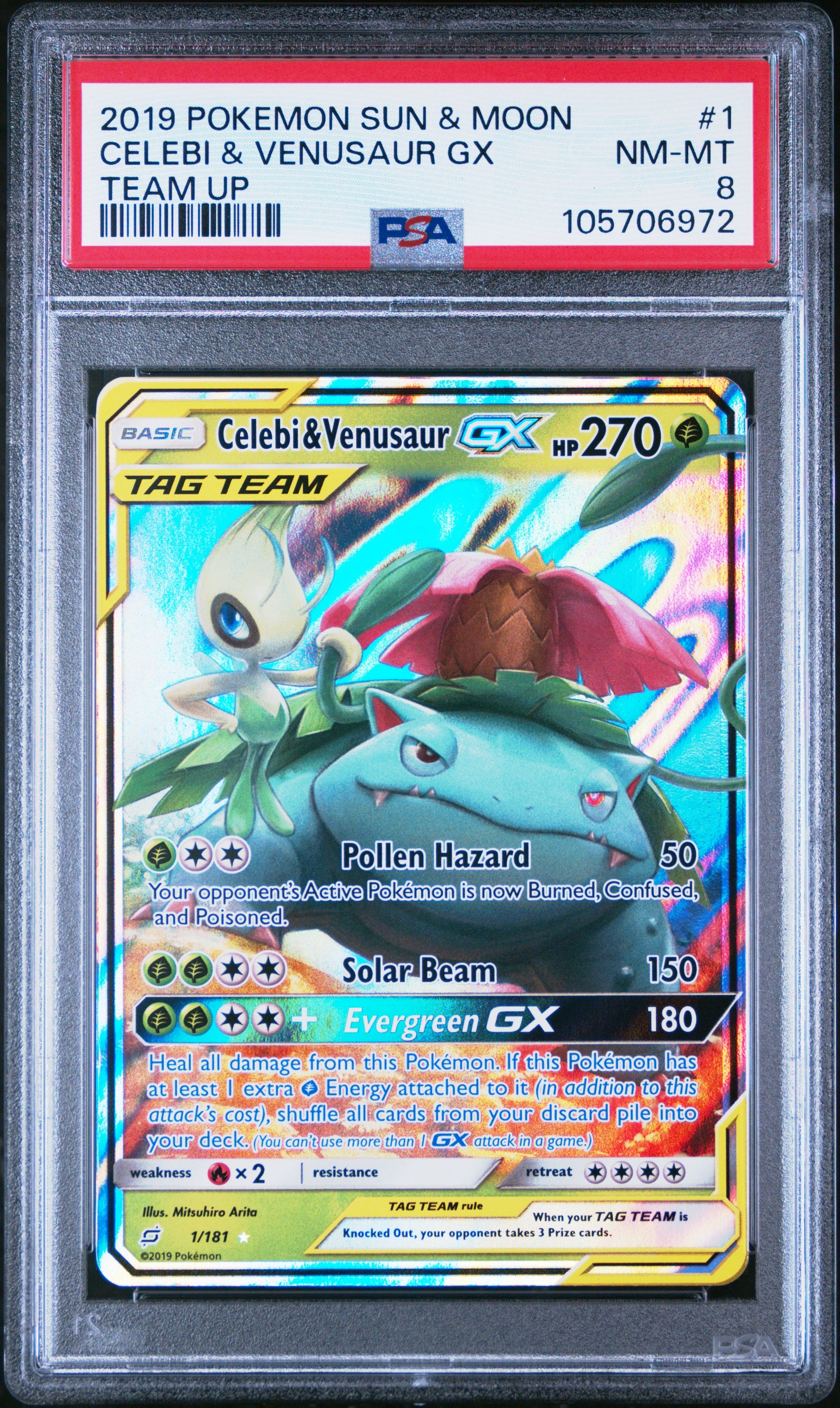 CELEBI & VENUSAUR GX 1/181 Common POKEMON SUN & MOON TEAM UP TEAM UP PSA8 NM-MT 8 PSA population 166 <a href=https://www.psacard.com/cert/105706972/psa>https://www.psacard.com/cert/105706972/psa</a>