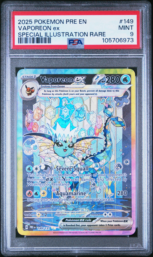 VAPOREON EX 149/131 Common POKEMON PRE EN-PRISMATIC EVOLUTIONS SPECIAL ILLUSTRATION RARE PSA9 MINT 9 PSA population 2616 <a href=https://www.psacard.com/cert/105706973/psa>https://www.psacard.com/cert/105706973/psa</a>
