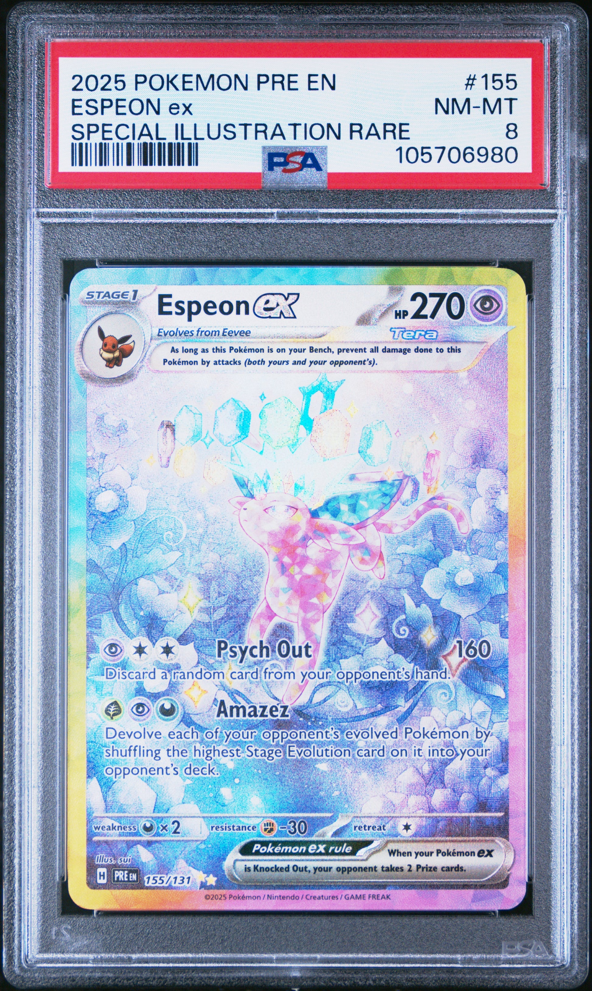 ESPEON EX 155/131 Common POKEMON PRE EN-PRISMATIC EVOLUTIONS SPECIAL ILLUSTRATION RARE PSA8 NM-MT 8 PSA population 429 <a href=https://www.psacard.com/cert/105706980/psa>https://www.psacard.com/cert/105706980/psa</a>