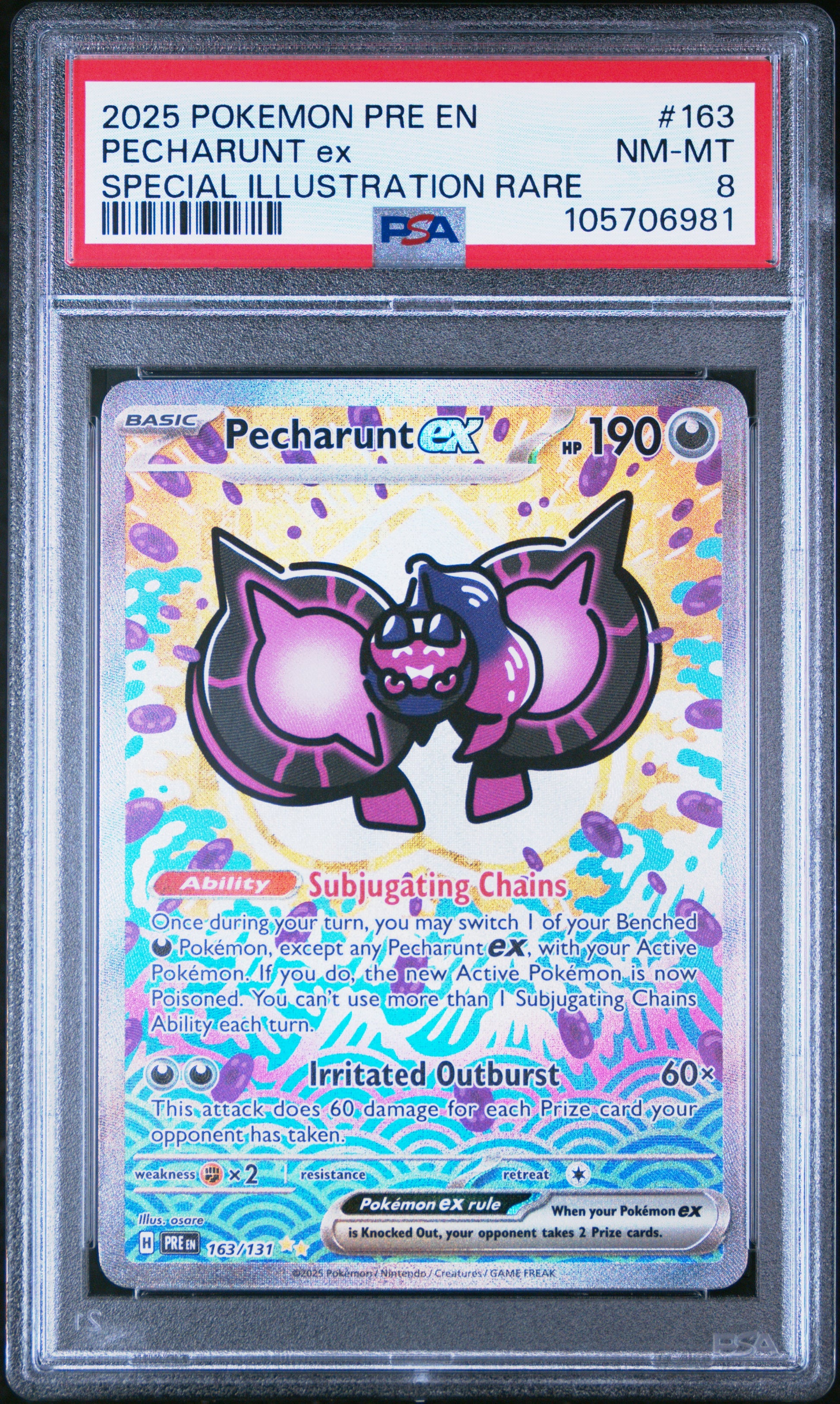 PECHARUNT EX 163/131 Common POKEMON PRE EN-PRISMATIC EVOLUTIONS SPECIAL ILLUSTRATION RARE PSA8 NM-MT 8 PSA population 62 <a href=https://www.psacard.com/cert/105706981/psa>https://www.psacard.com/cert/105706981/psa</a>