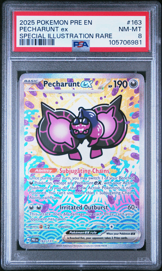 PECHARUNT EX 163/131 Common POKEMON PRE EN-PRISMATIC EVOLUTIONS SPECIAL ILLUSTRATION RARE PSA8 NM-MT 8 PSA population 62 <a href=https://www.psacard.com/cert/105706981/psa>https://www.psacard.com/cert/105706981/psa</a>