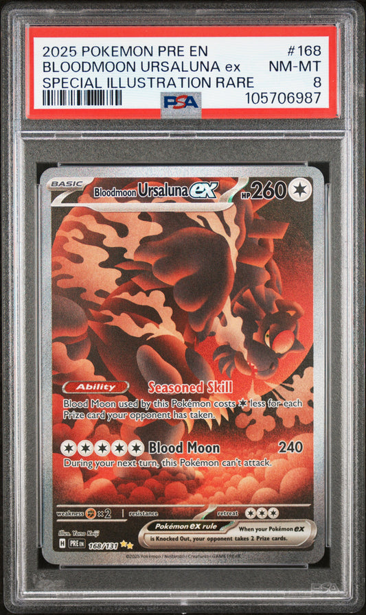 BLOODMOON URSALUNA EX 168/131 Common POKEMON PRE EN-PRISMATIC EVOLUTIONS SPECIAL ILLUSTRATION RARE PSA8 NM-MT 8 PSA population 179 <a href=https://www.psacard.com/cert/105706987/psa>https://www.psacard.com/cert/105706987/psa</a>