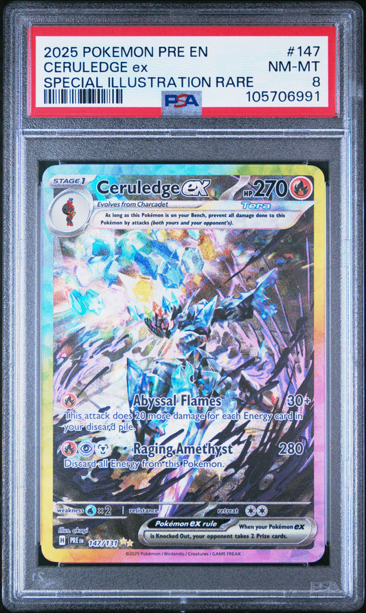 CERULEDGE EX 147/131 Common POKEMON PRE EN-PRISMATIC EVOLUTIONS SPECIAL ILLUSTRATION RARE PSA8 NM-MT 8 PSA population 159 <a href=https://www.psacard.com/cert/105706991/psa>https://www.psacard.com/cert/105706991/psa</a>