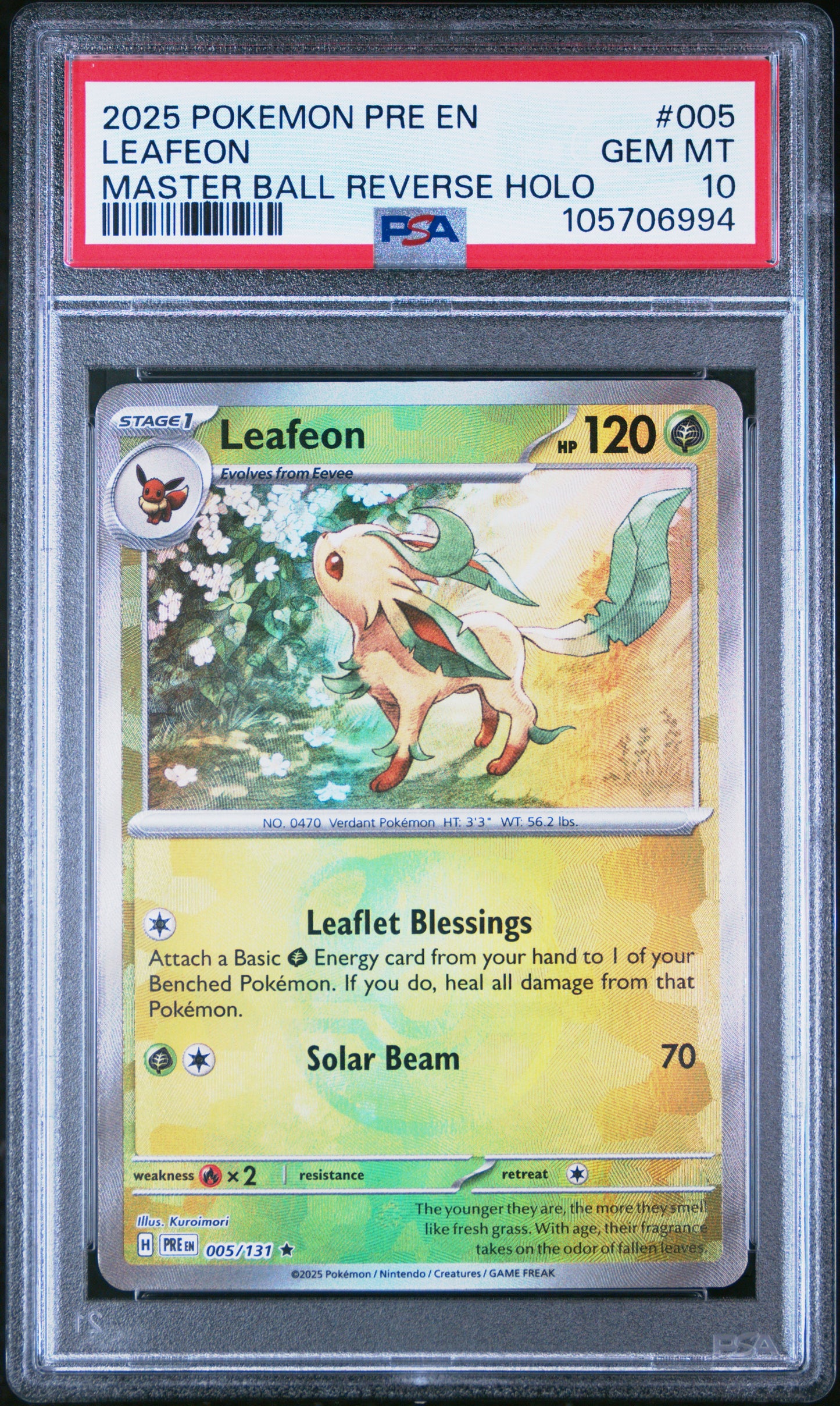 LEAFEON 5/131 [Master Ball]  POKEMON PRE EN-PRISMATIC EVOLUTIONS MASTER BALL REVERSE HOLO PSA10 GEM MT 10 PSA population 317 <a href=https://www.psacard.com/cert/105706994/psa>https://www.psacard.com/cert/105706994/psa</a>