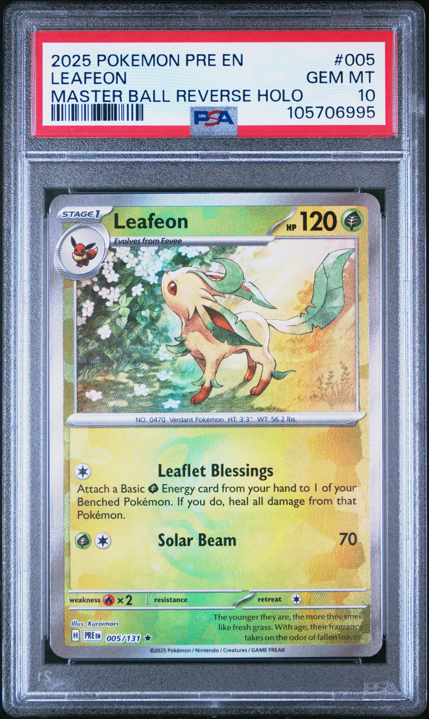 LEAFEON 5/131 [Master Ball]  POKEMON PRE EN-PRISMATIC EVOLUTIONS MASTER BALL REVERSE HOLO PSA10 GEM MT 10 PSA population 317 <a href=https://www.psacard.com/cert/105706995/psa>https://www.psacard.com/cert/105706995/psa</a>