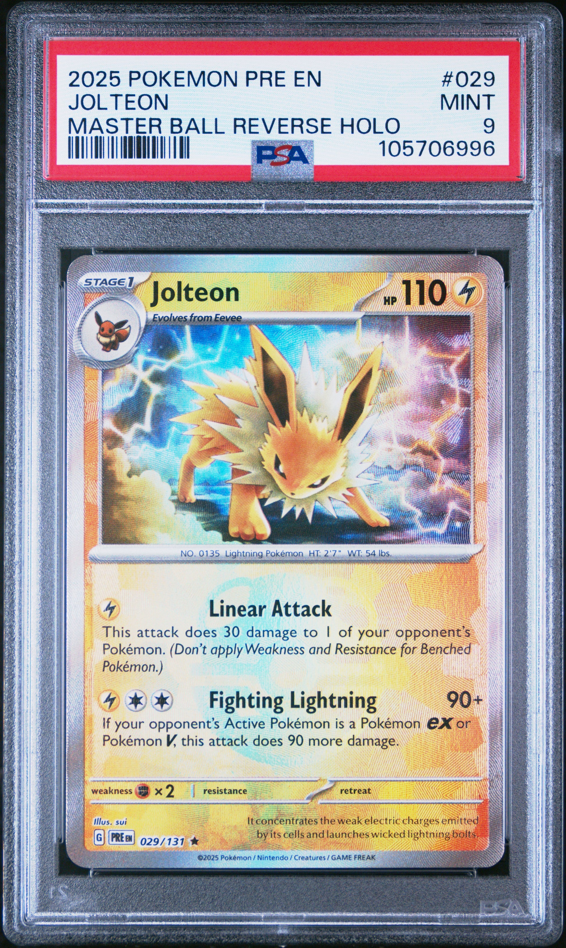 JOLTEON 29/131 [Master Ball]  POKEMON PRE EN-PRISMATIC EVOLUTIONS MASTER BALL REVERSE HOLO PSA9 MINT 9 PSA population 499 <a href=https://www.psacard.com/cert/105706996/psa>https://www.psacard.com/cert/105706996/psa</a>