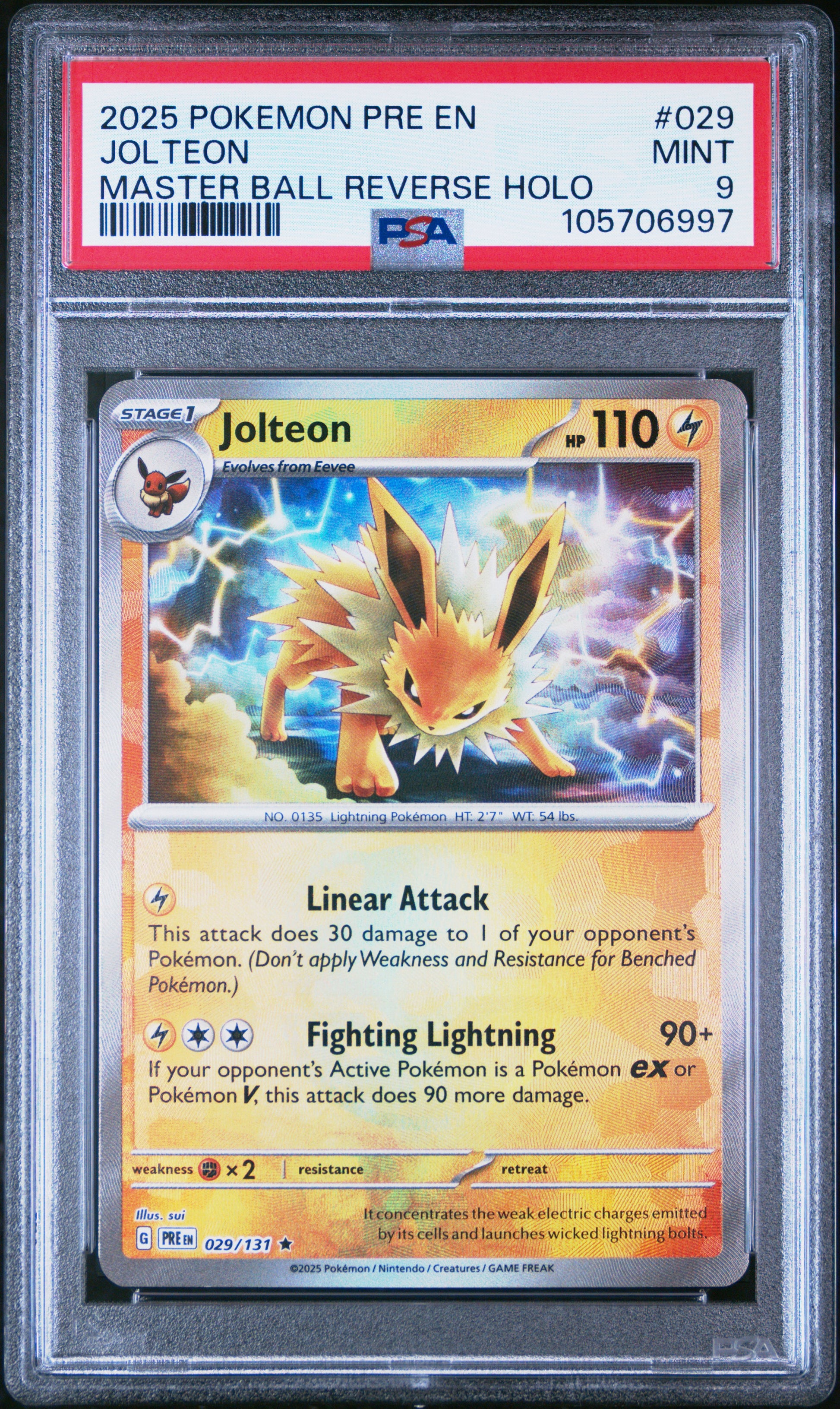 JOLTEON 29/131 [Master Ball]  POKEMON PRE EN-PRISMATIC EVOLUTIONS MASTER BALL REVERSE HOLO PSA9 MINT 9 PSA population 499 <a href=https://www.psacard.com/cert/105706997/psa>https://www.psacard.com/cert/105706997/psa</a>
