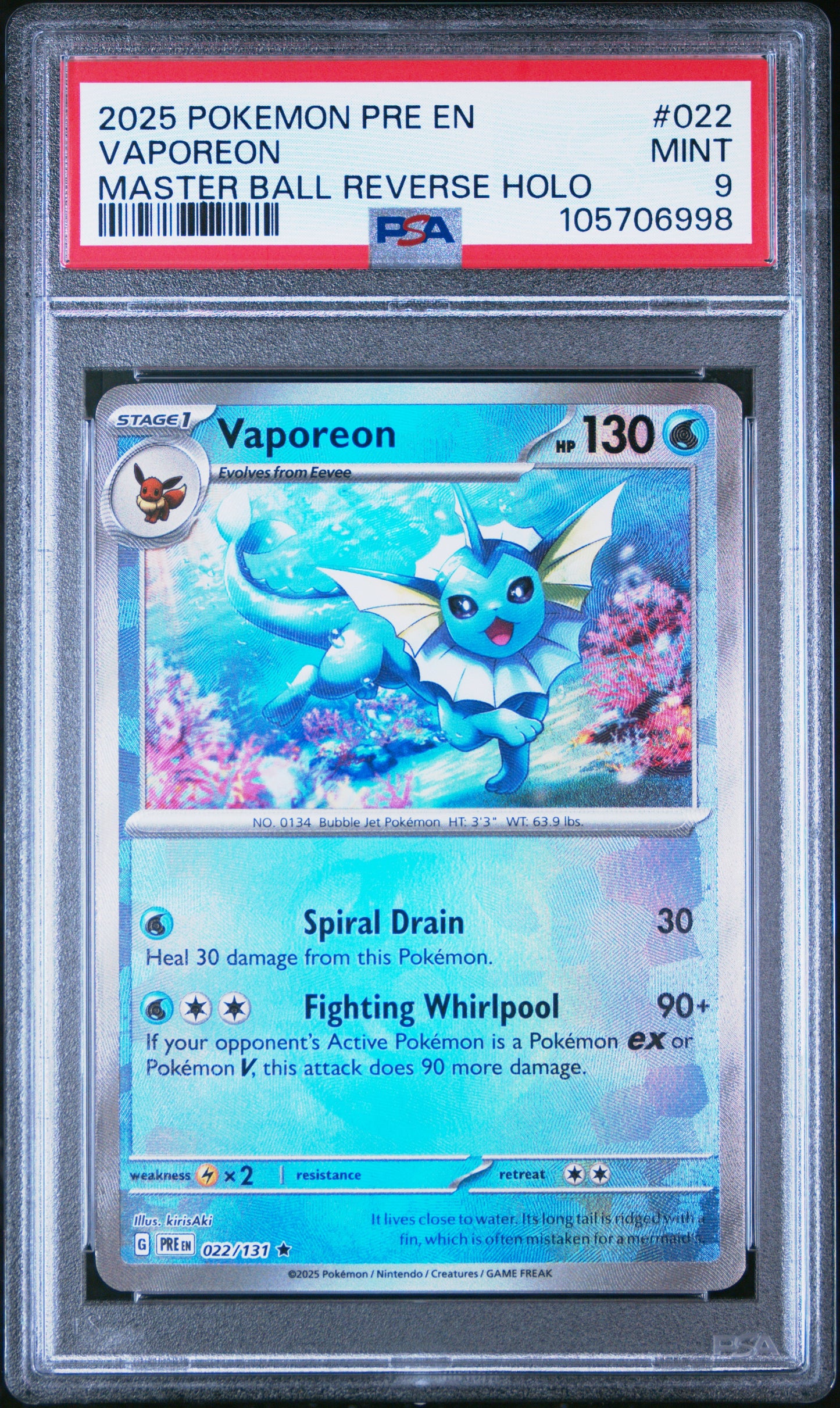 VAPOREON 22/131 [Master Ball]  POKEMON PRE EN-PRISMATIC EVOLUTIONS MASTER BALL REVERSE HOLO PSA9 MINT 9 PSA population 297 <a href=https://www.psacard.com/cert/105706998/psa>https://www.psacard.com/cert/105706998/psa</a>