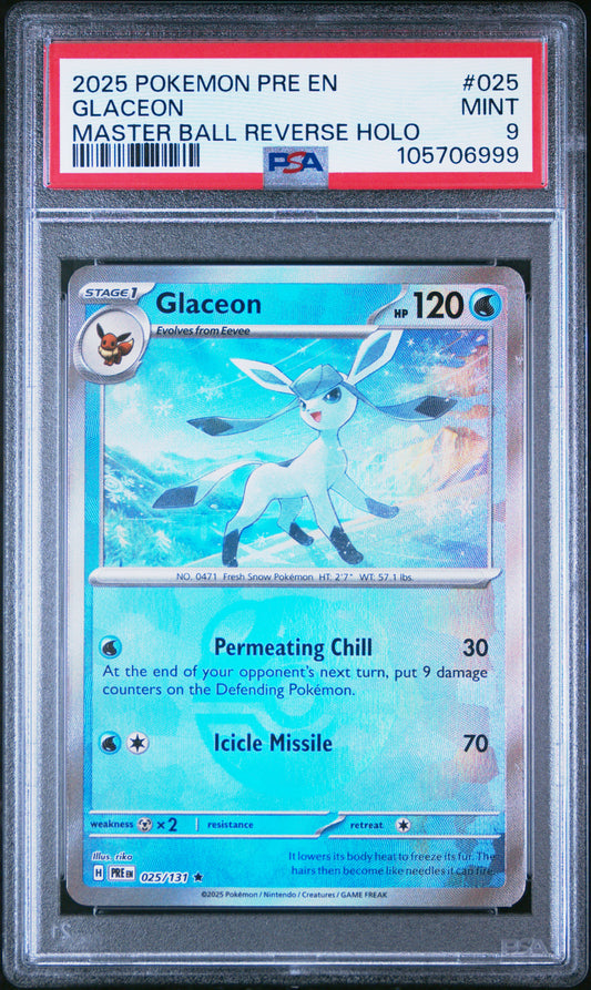 GLACEON 25/131 [Master Ball]  POKEMON PRE EN-PRISMATIC EVOLUTIONS MASTER BALL REVERSE HOLO PSA9 MINT 9 PSA population 535 <a href=https://www.psacard.com/cert/105706999/psa>https://www.psacard.com/cert/105706999/psa</a>