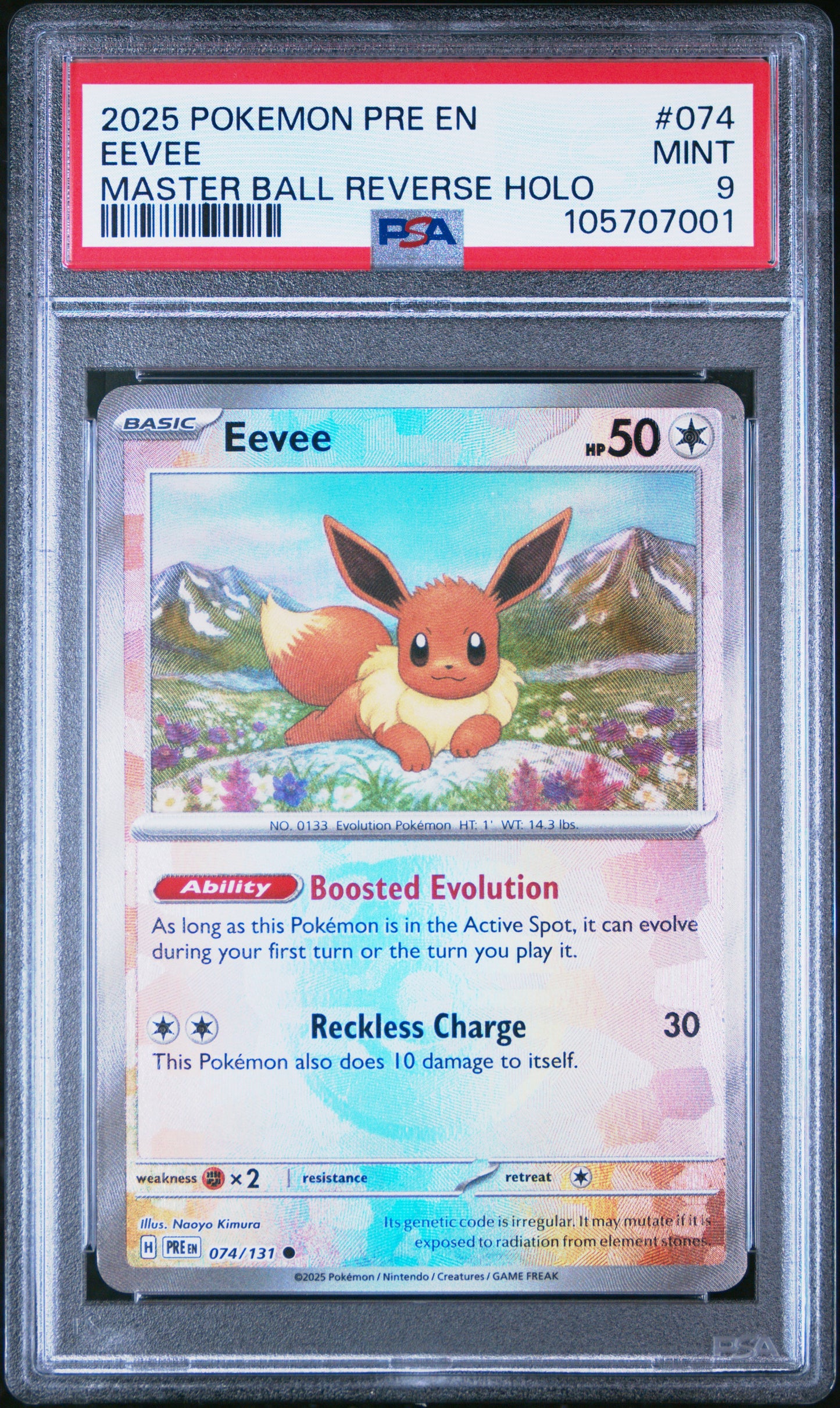 EEVEE 74/131 [Master Ball]  POKEMON PRE EN-PRISMATIC EVOLUTIONS MASTER BALL REVERSE HOLO PSA9 MINT 9 PSA population 1456 <a href=https://www.psacard.com/cert/105707001/psa>https://www.psacard.com/cert/105707001/psa</a>