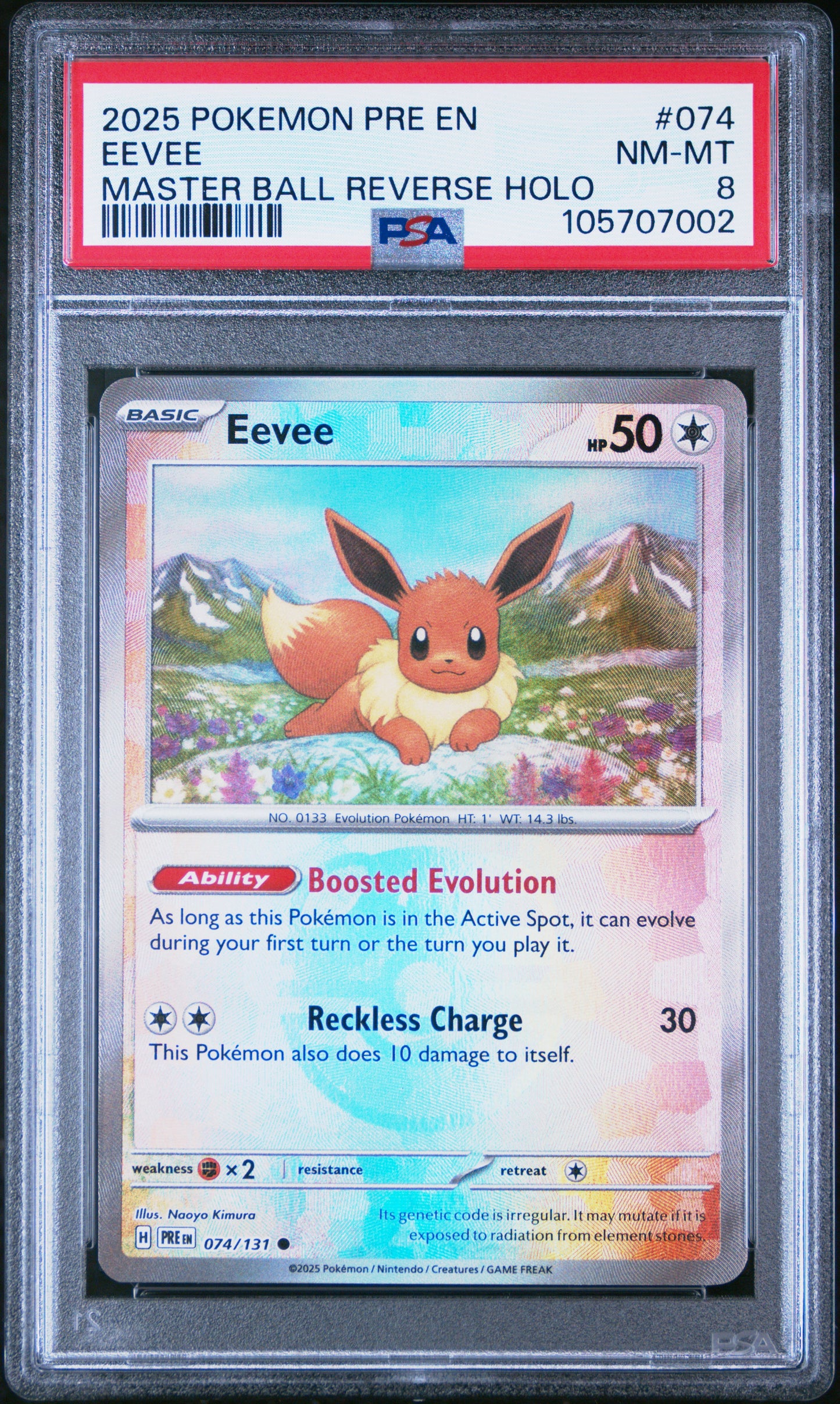 EEVEE 74/131 [Master Ball]  POKEMON PRE EN-PRISMATIC EVOLUTIONS MASTER BALL REVERSE HOLO PSA8 NM-MT 8 PSA population 455 <a href=https://www.psacard.com/cert/105707002/psa>https://www.psacard.com/cert/105707002/psa</a>