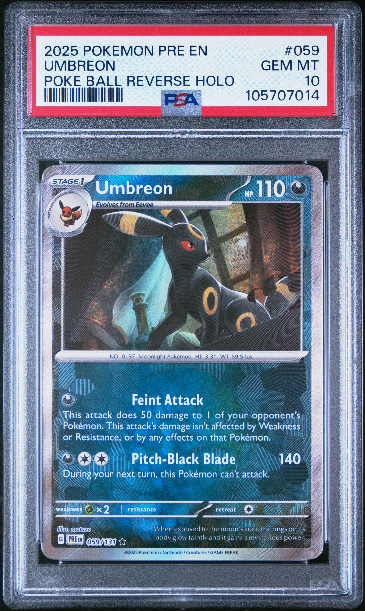 UMBREON 59/131 [Poke Ball] POKEMON PRE EN-PRISMATIC EVOLUTIONS POKE BALL REVERSE HOLO PSA10 GEM MT 10 PSA population 612 <a href=https://www.psacard.com/cert/105707014/psa>https://www.psacard.com/cert/105707014/psa</a>