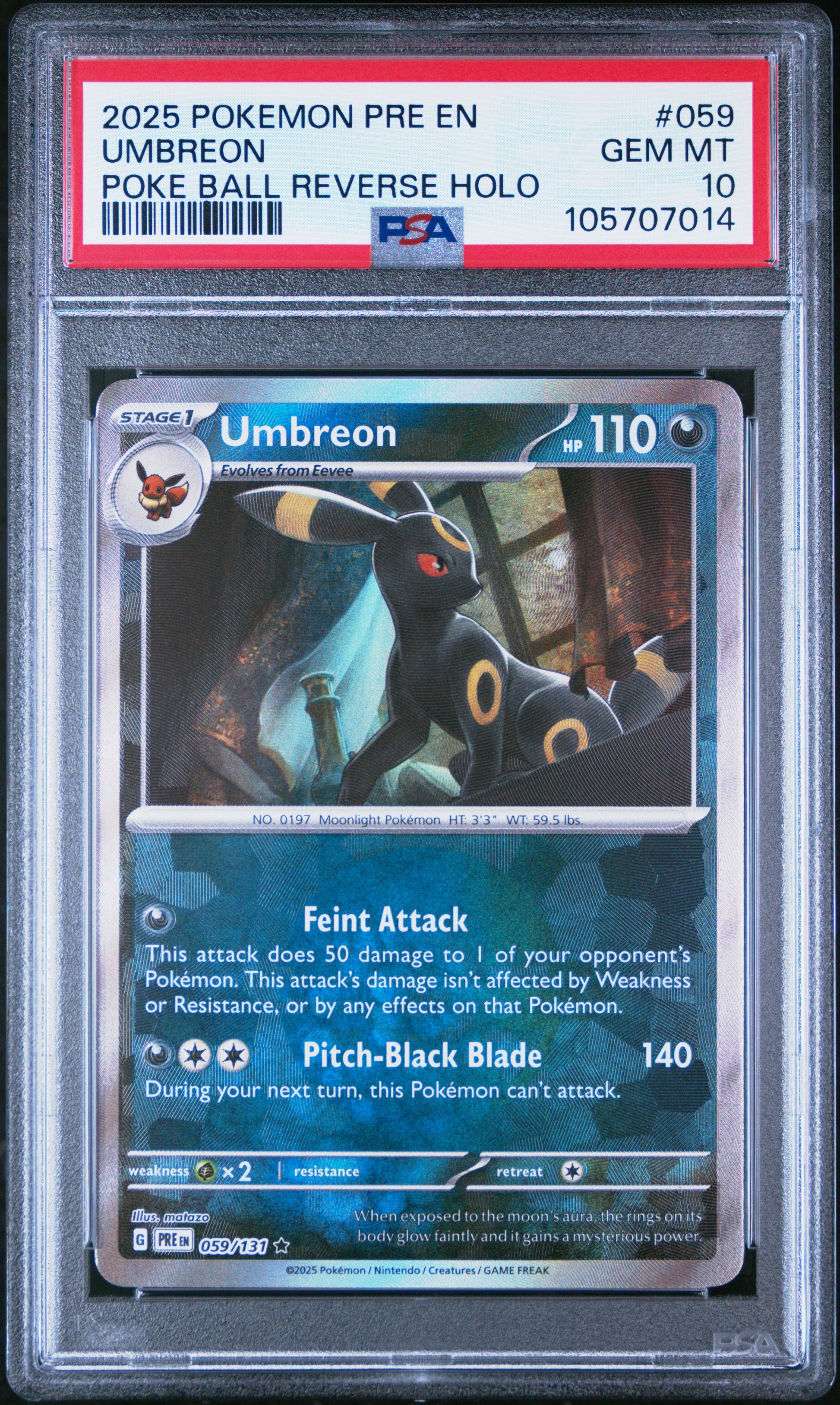 UMBREON 59/131 [Poke Ball] POKEMON PRE EN-PRISMATIC EVOLUTIONS POKE BALL REVERSE HOLO PSA10 GEM MT 10 PSA population 612 <a href=https://www.psacard.com/cert/105707014/psa>https://www.psacard.com/cert/105707014/psa</a>