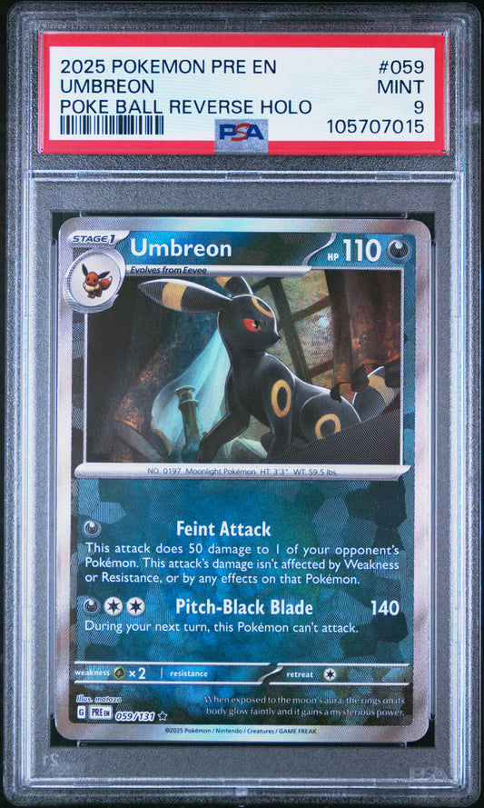 UMBREON 59/131 [Poke Ball] POKEMON PRE EN-PRISMATIC EVOLUTIONS POKE BALL REVERSE HOLO PSA9 MINT 9 PSA population 1341 <a href=https://www.psacard.com/cert/105707015/psa>https://www.psacard.com/cert/105707015/psa</a>