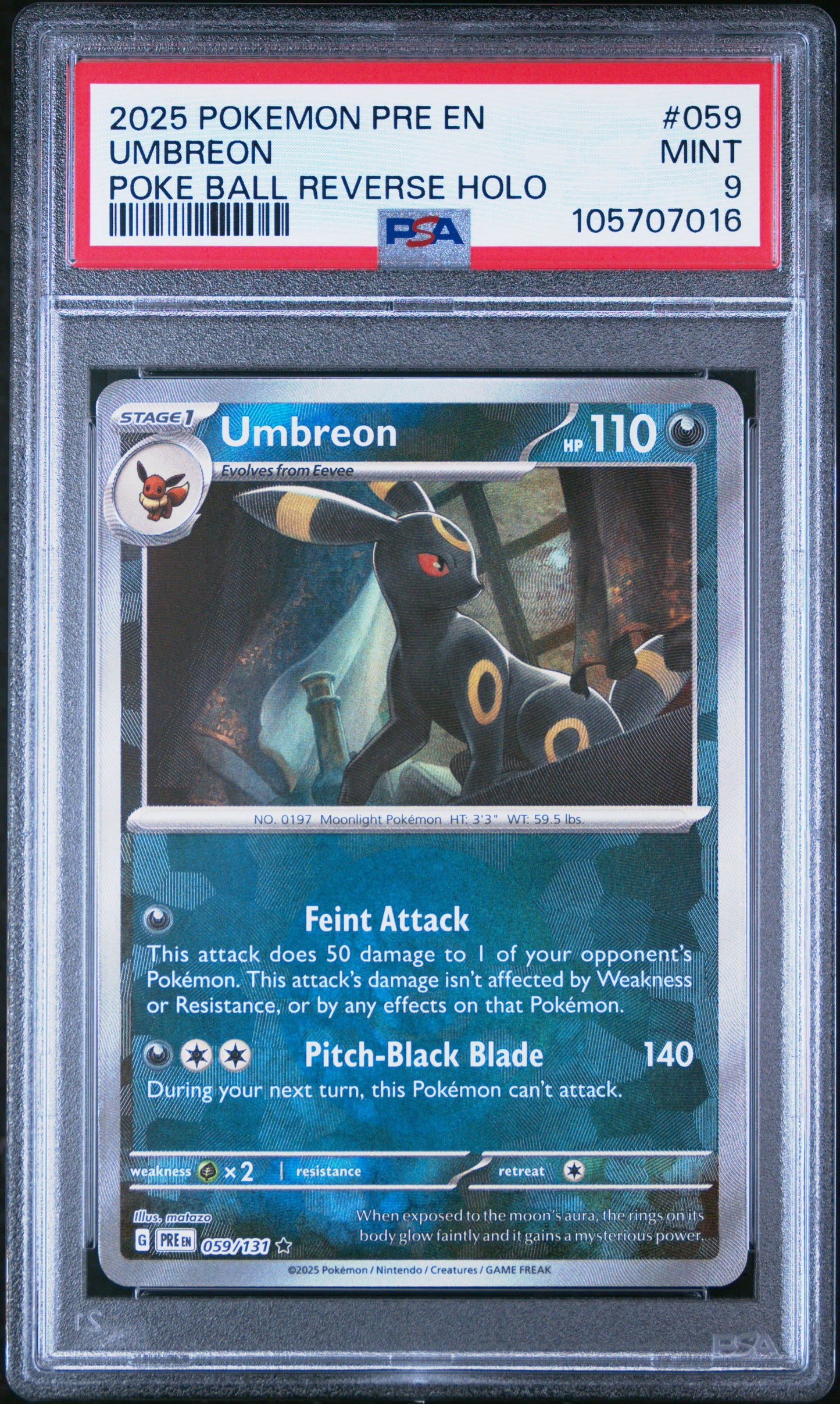 UMBREON 59/131 [Poke Ball] POKEMON PRE EN-PRISMATIC EVOLUTIONS POKE BALL REVERSE HOLO PSA9 MINT 9 PSA population 1341 <a href=https://www.psacard.com/cert/105707016/psa>https://www.psacard.com/cert/105707016/psa</a>