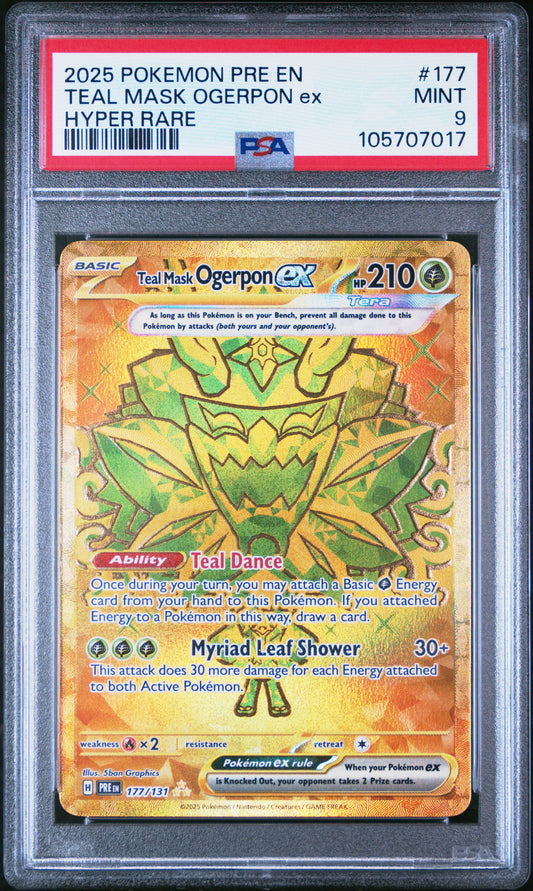 TEAL MASK OGERPON EX 177/131 Common POKEMON PRE EN-PRISMATIC EVOLUTIONS HYPER RARE PSA9 MINT 9 PSA population 579 <a href=https://www.psacard.com/cert/105707017/psa>https://www.psacard.com/cert/105707017/psa</a>