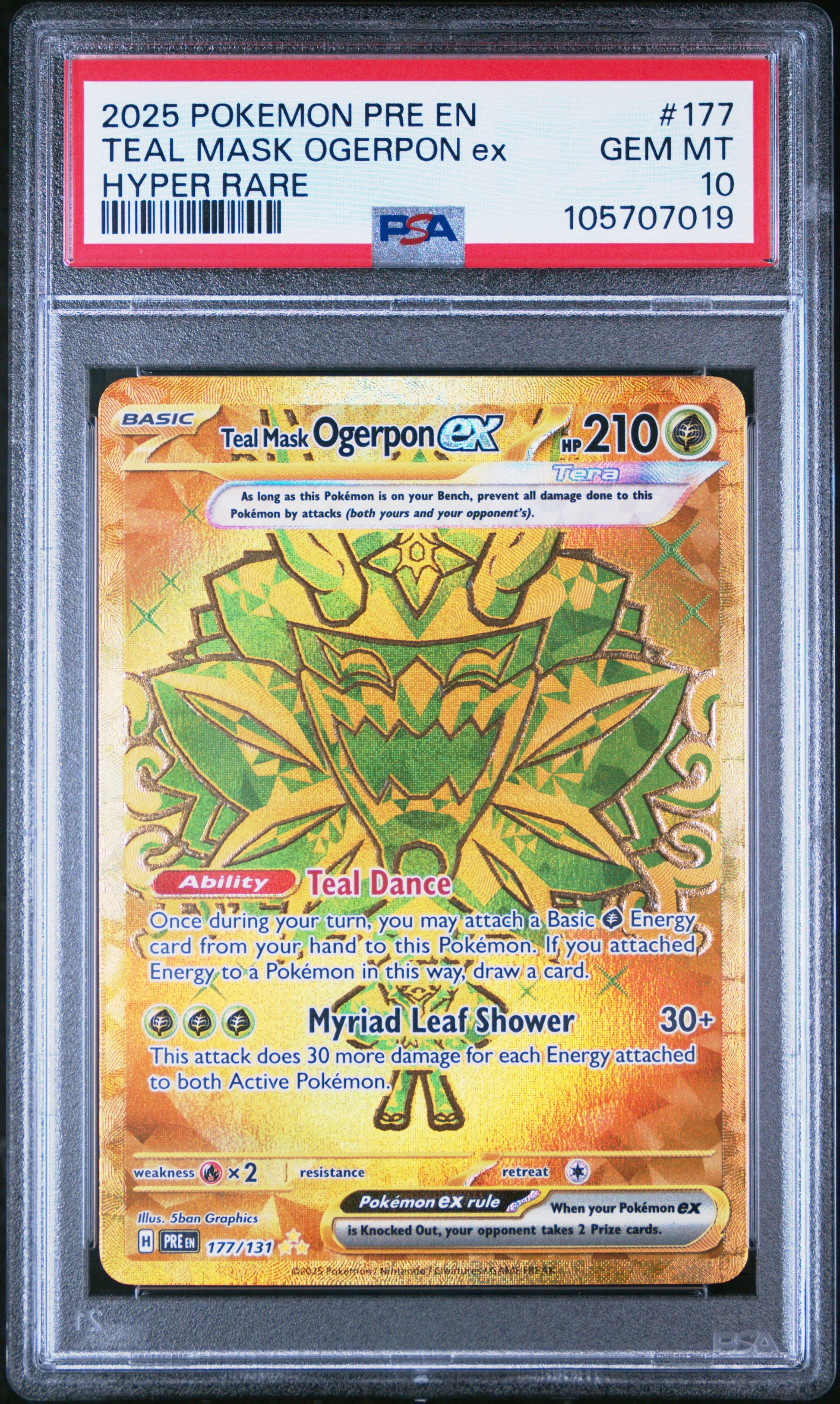TEAL MASK OGERPON EX 177/131 Common POKEMON PRE EN-PRISMATIC EVOLUTIONS HYPER RARE PSA10 GEM MT 10 PSA population 187 <a href=https://www.psacard.com/cert/105707019/psa>https://www.psacard.com/cert/105707019/psa</a>