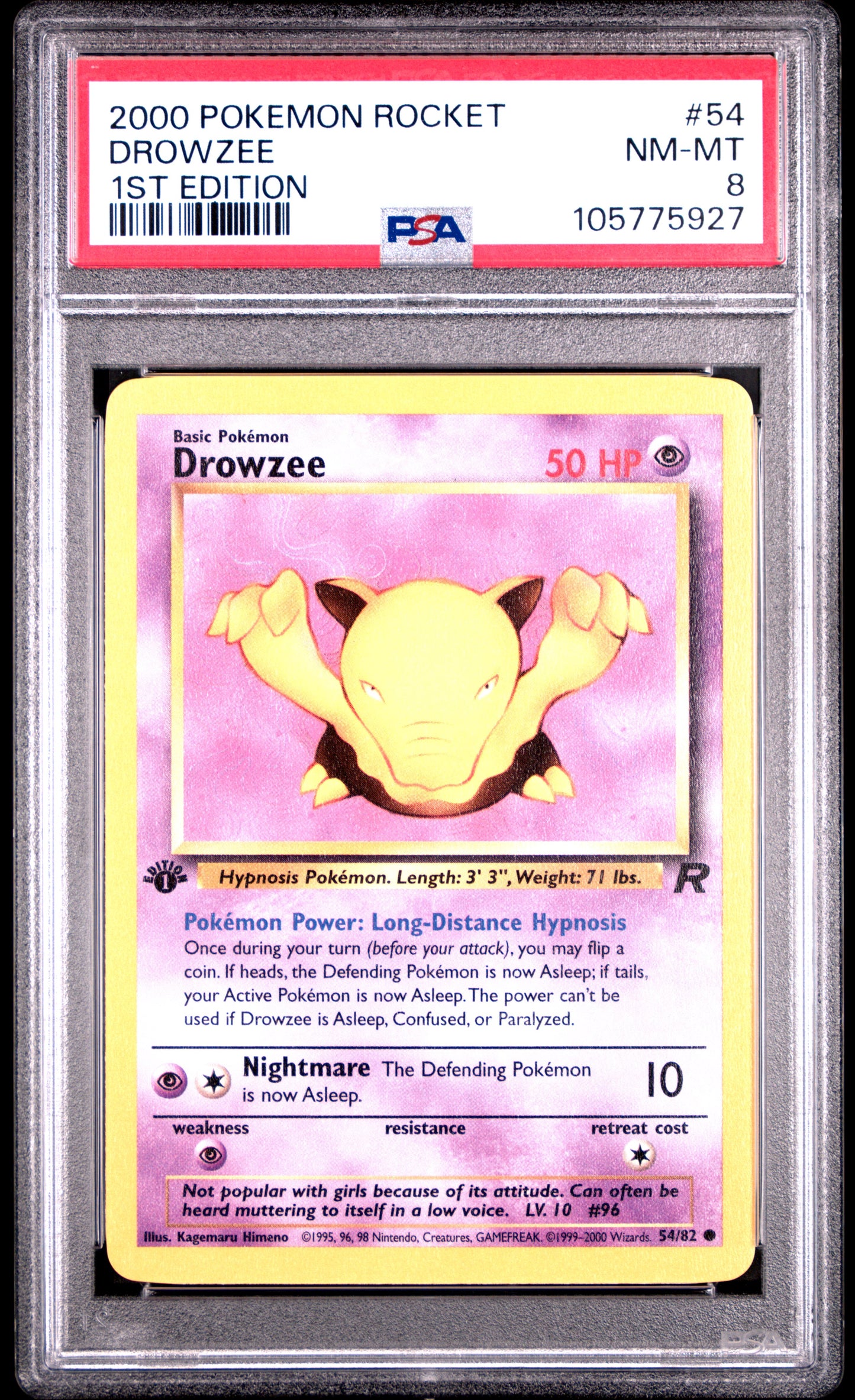 DROWZEE 54/82 [1st Edition] POKEMON ROCKET 1ST EDITION PSA8 NM-MT 8 PSA population 339 <a href=https://www.psacard.com/cert/105775927/psa>https://www.psacard.com/cert/105775927/psa</a>