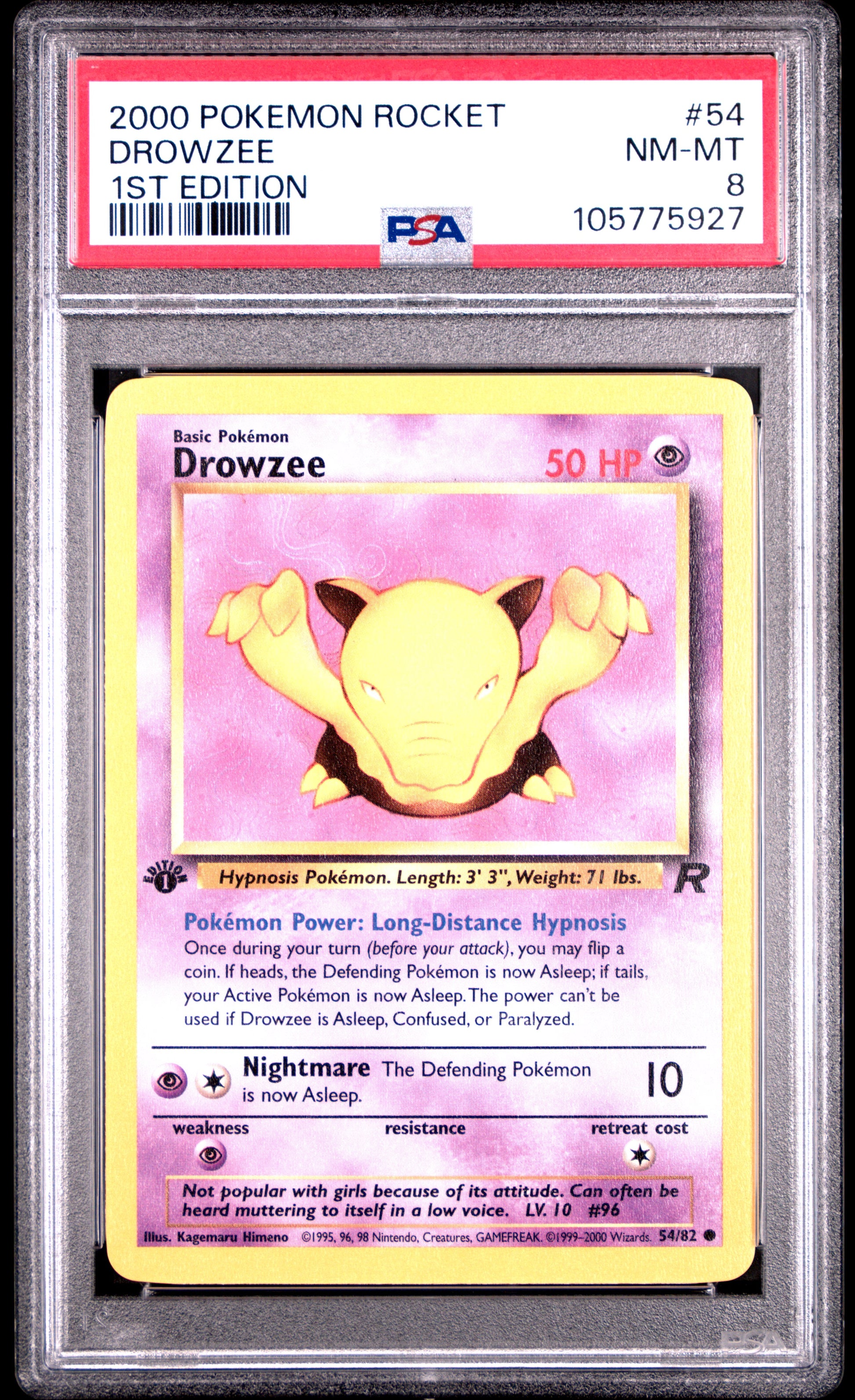 DROWZEE 54/82 [1st Edition] POKEMON ROCKET 1ST EDITION PSA8 NM-MT 8 PSA population 339 <a href=https://www.psacard.com/cert/105775927/psa>https://www.psacard.com/cert/105775927/psa</a>
